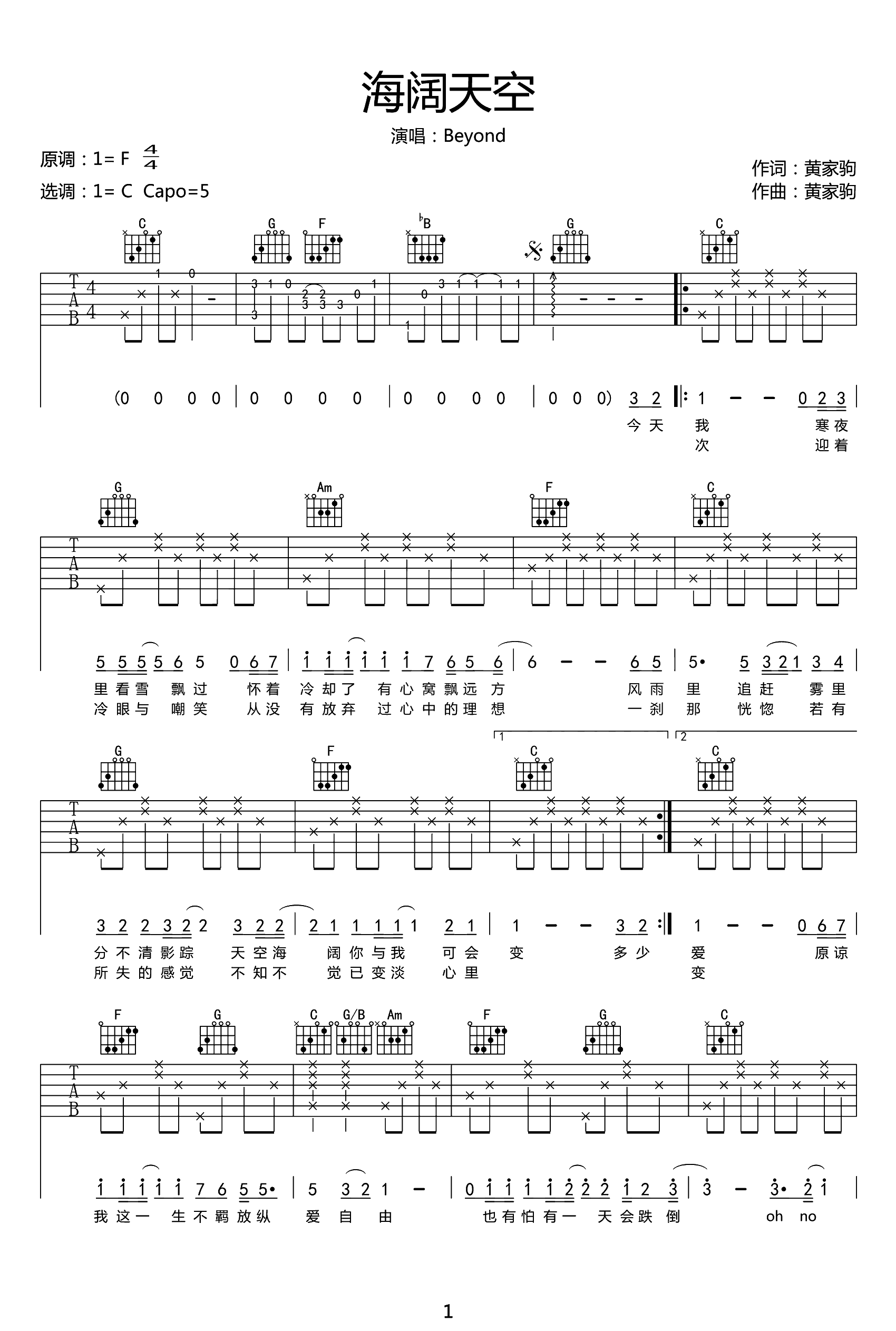 海阔天空吉他谱 Beyond-1