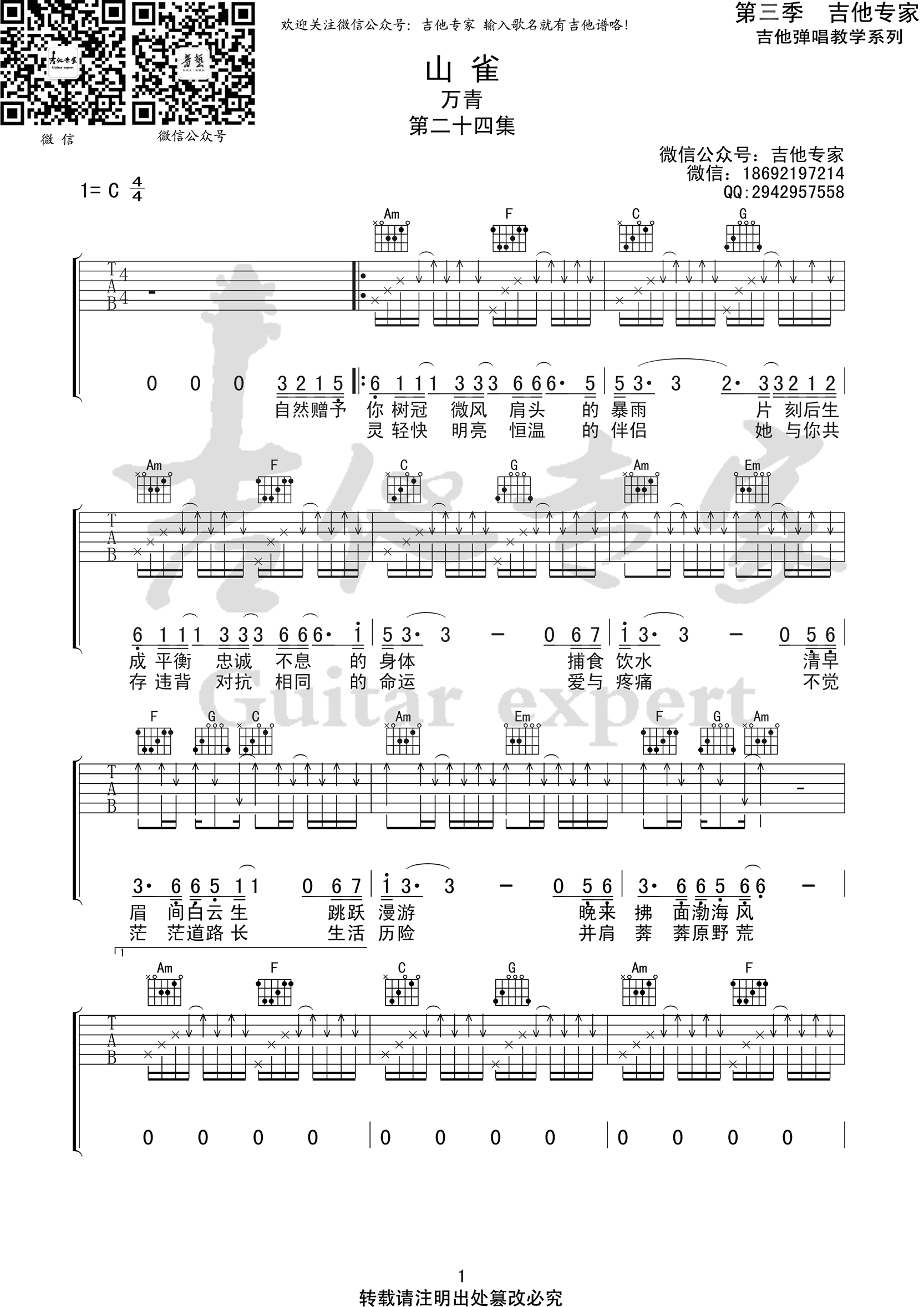 万青旅店-山雀吉他谱-1