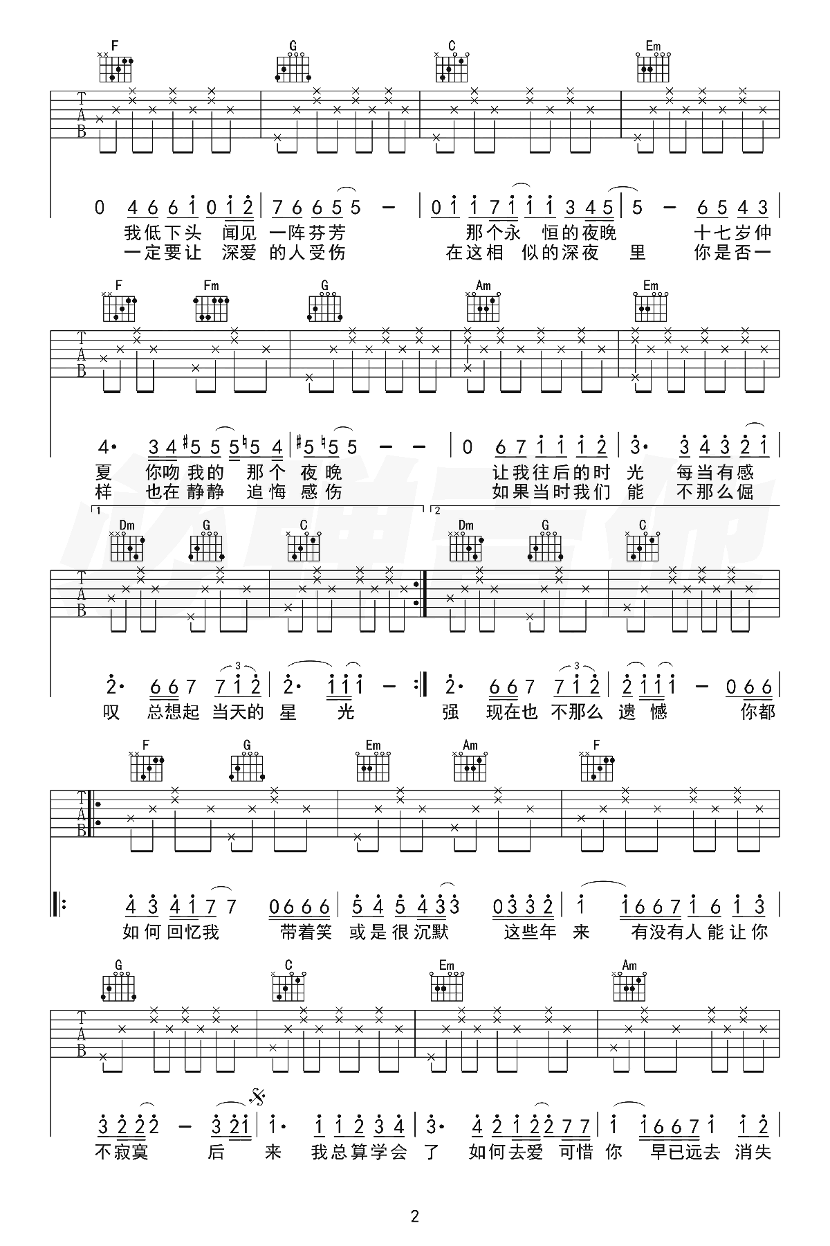 刘若英《后来》吉他谱 - C调弹唱六线谱 - 精编和声版 - 琴魂网