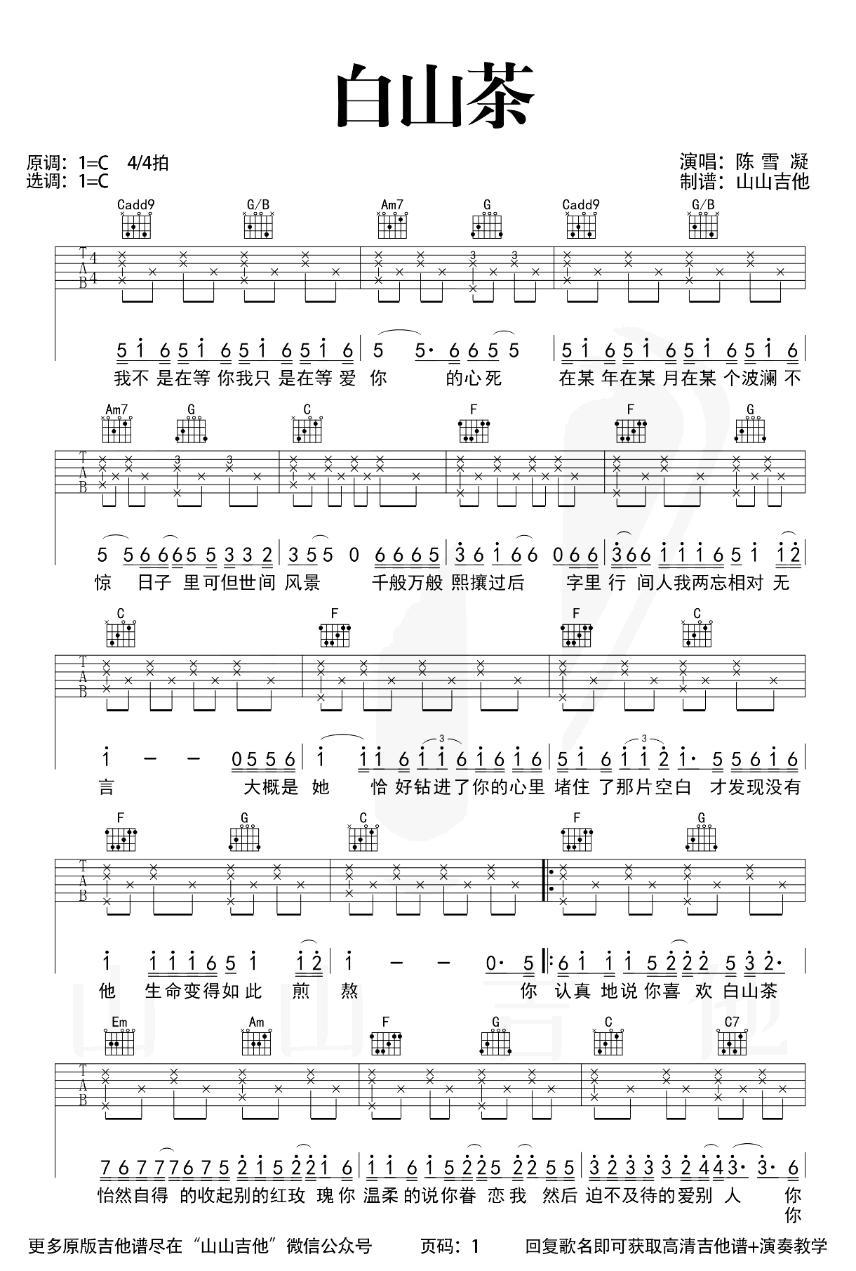 白山茶吉他弹唱教学图片