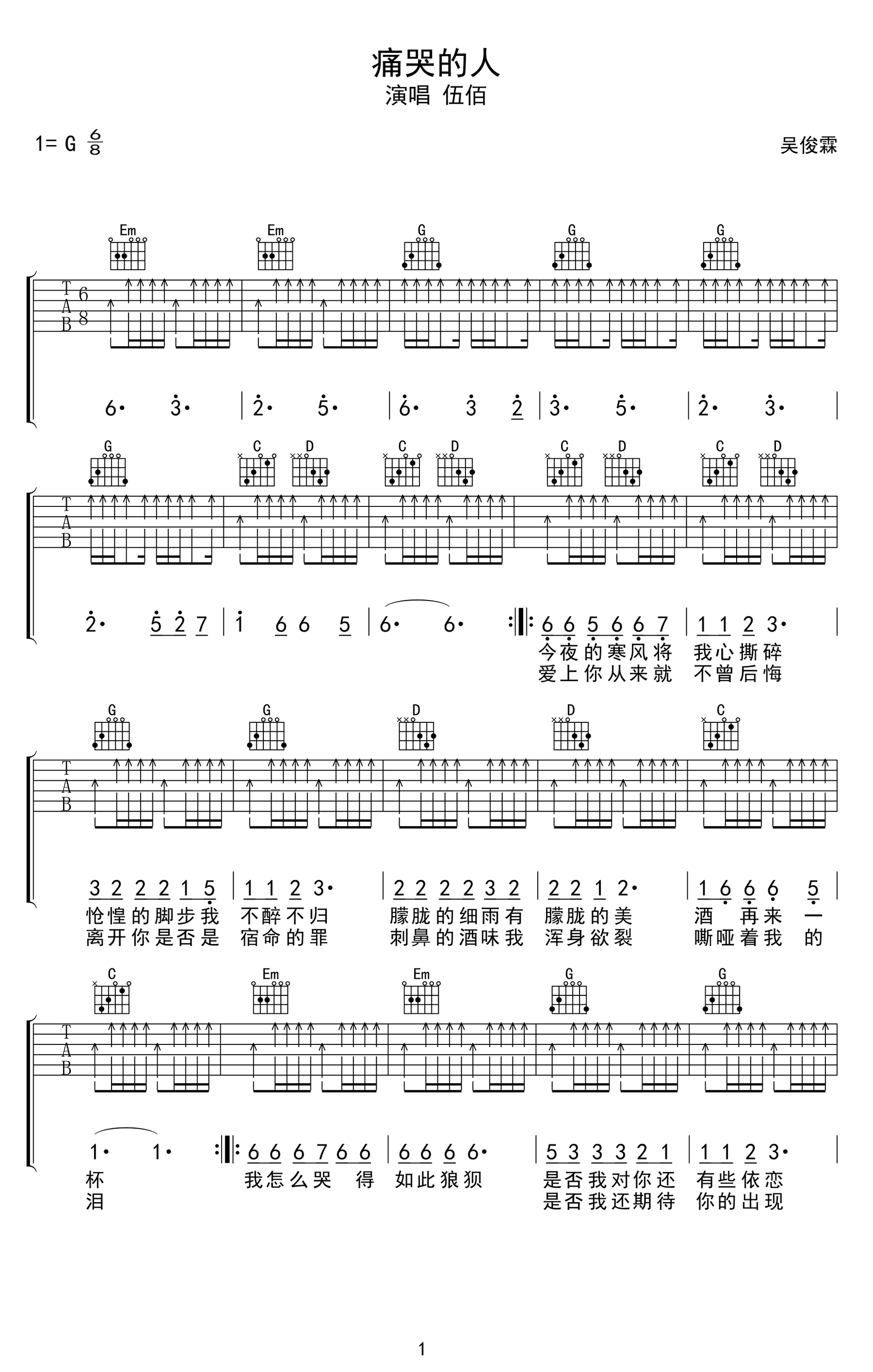 伍佰-痛哭的人吉他谱-1