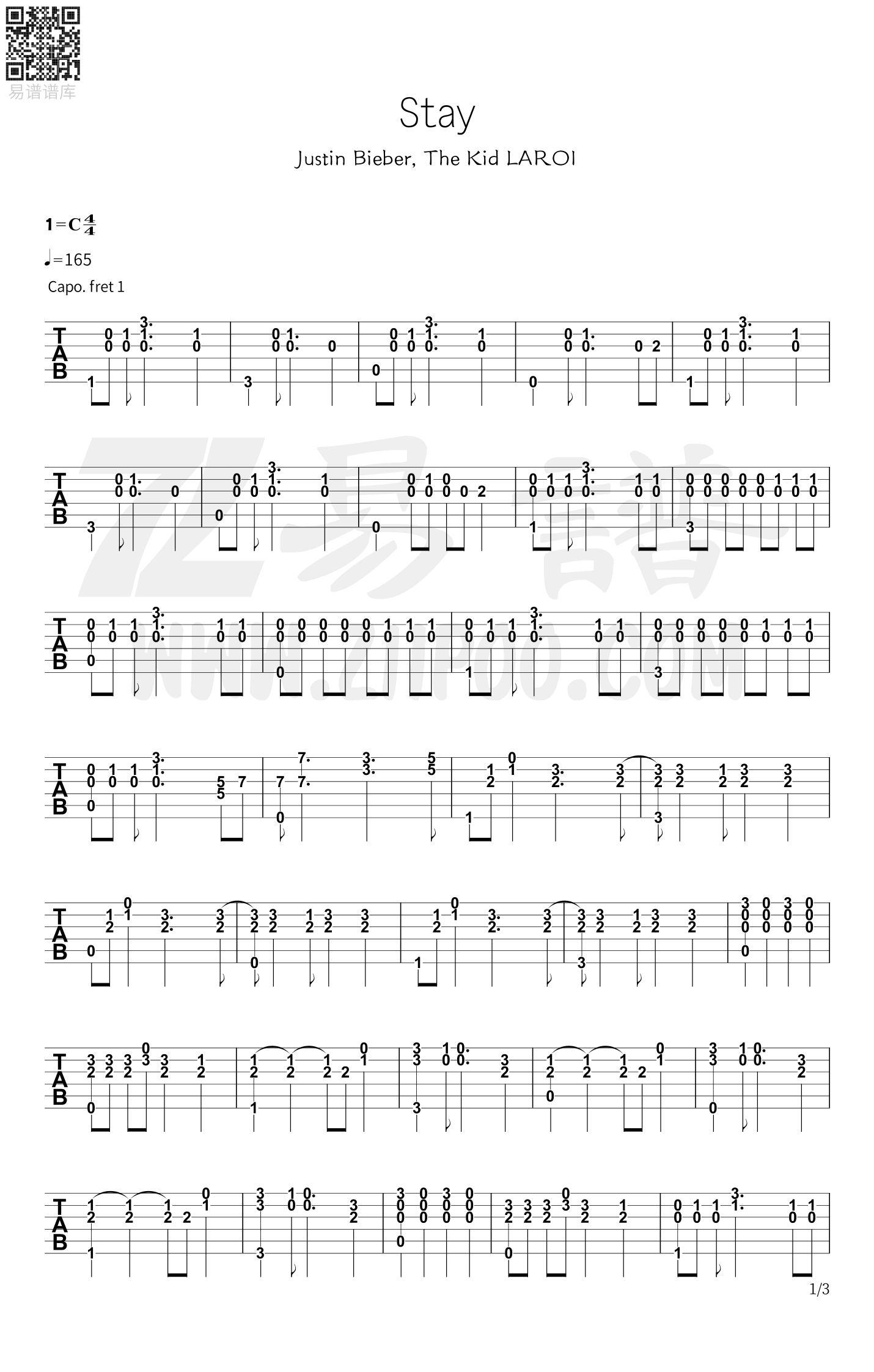 Stay吉他谱 长泽 C调 弹唱谱-吉他谱中国
