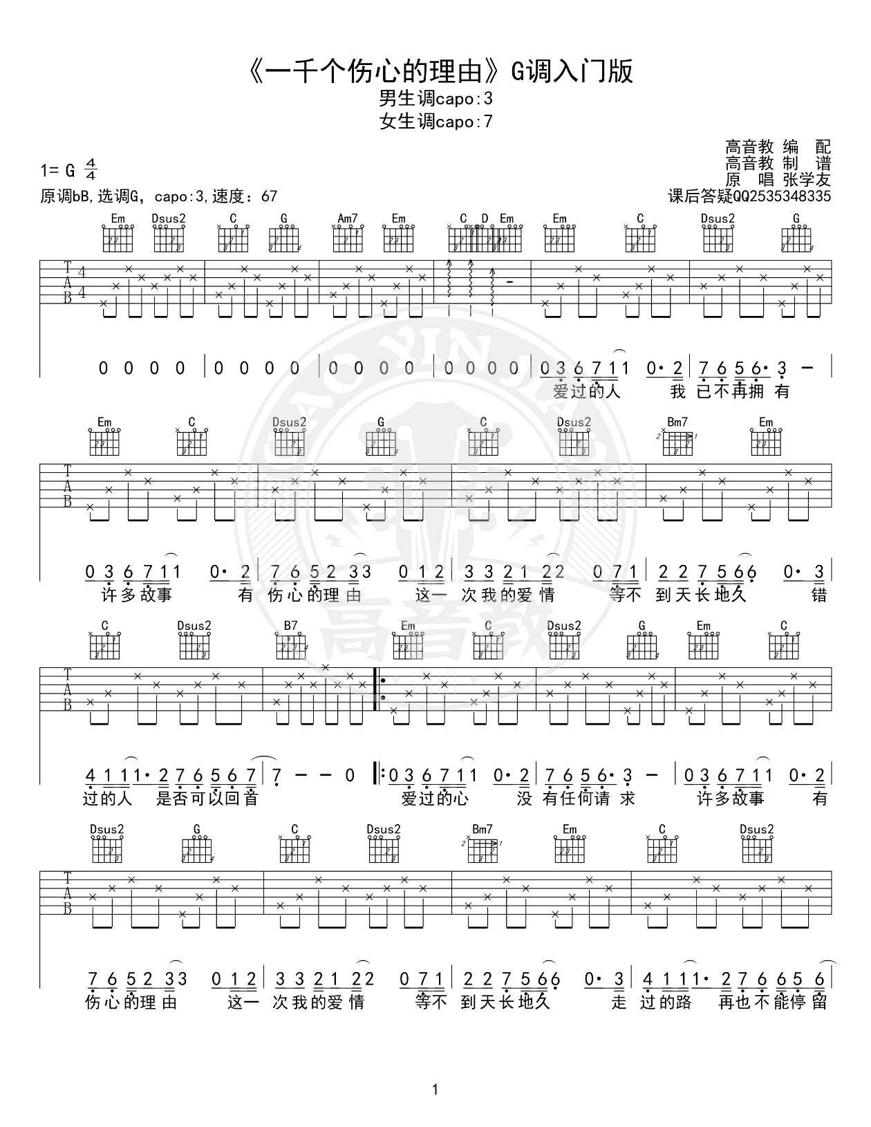 张学友-一千个伤心的理由吉他谱-入门版-1