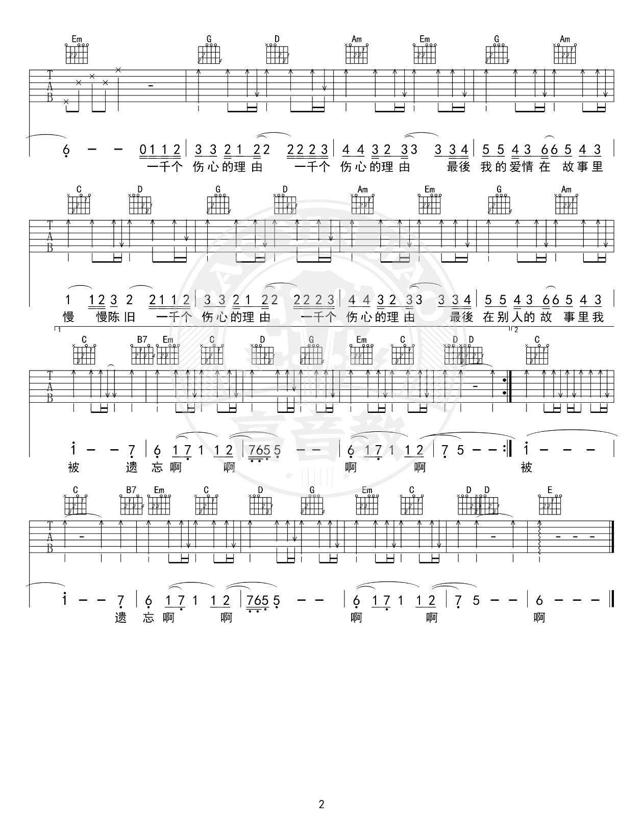 张学友-一千个伤心的理由吉他谱-入门版-2