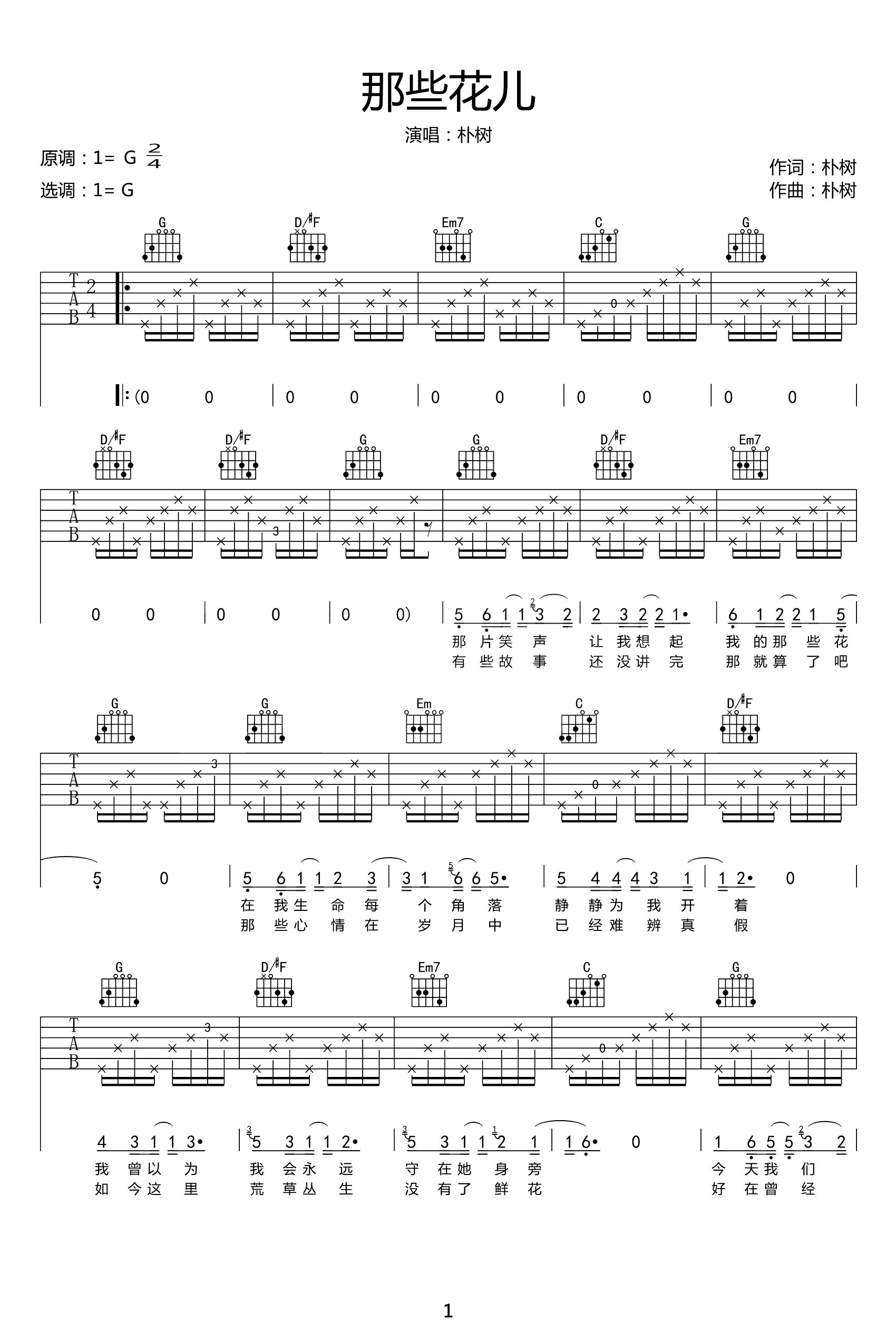 朴树-那些花儿吉他谱-原版六线谱-1
