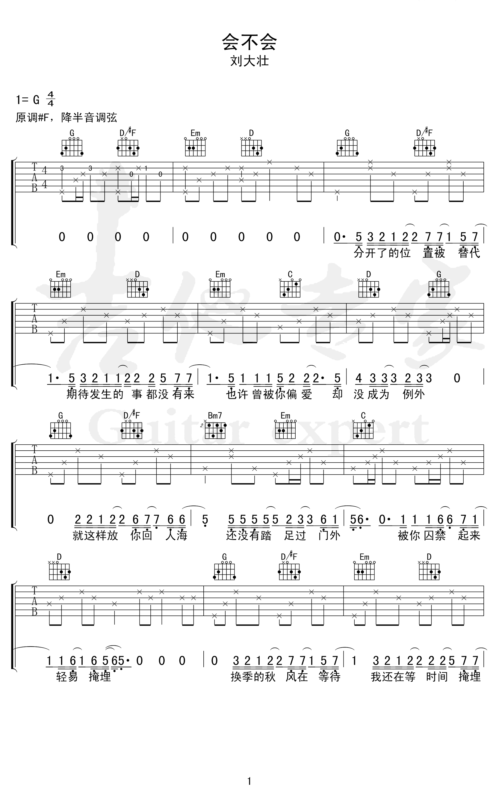 刘大壮-会不会吉他谱-G调-1