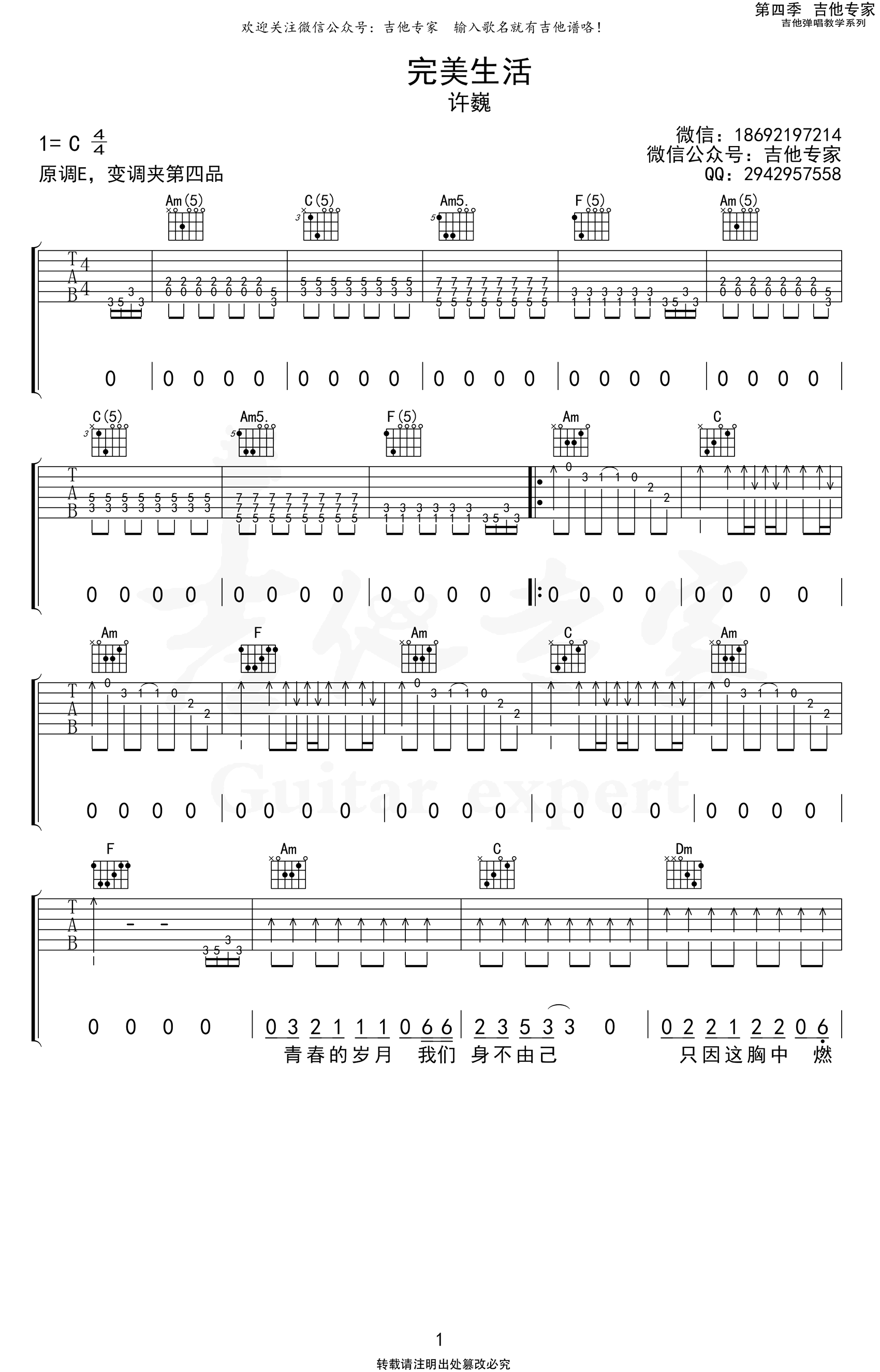 许巍《完美生活》吉他谱-C调-1