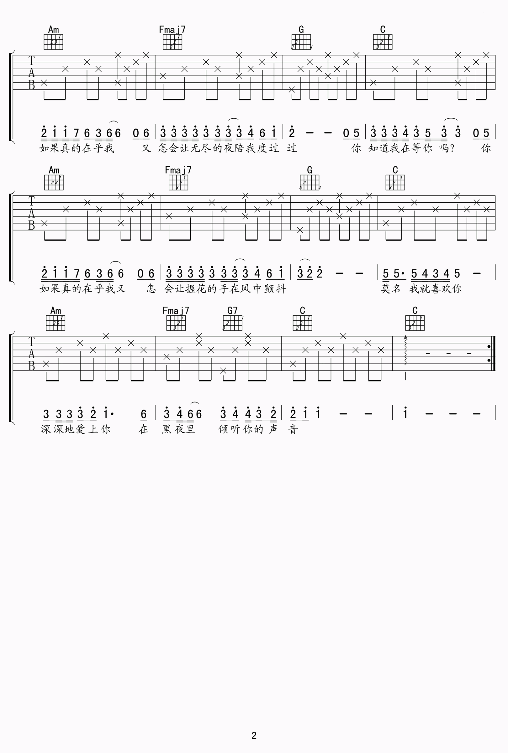 完全版高清吉他谱《你知道我在等你吗》- 张洪量初级版高清图谱 - 选用C调手法编配 - 变调夹Capo=0 - 易谱库