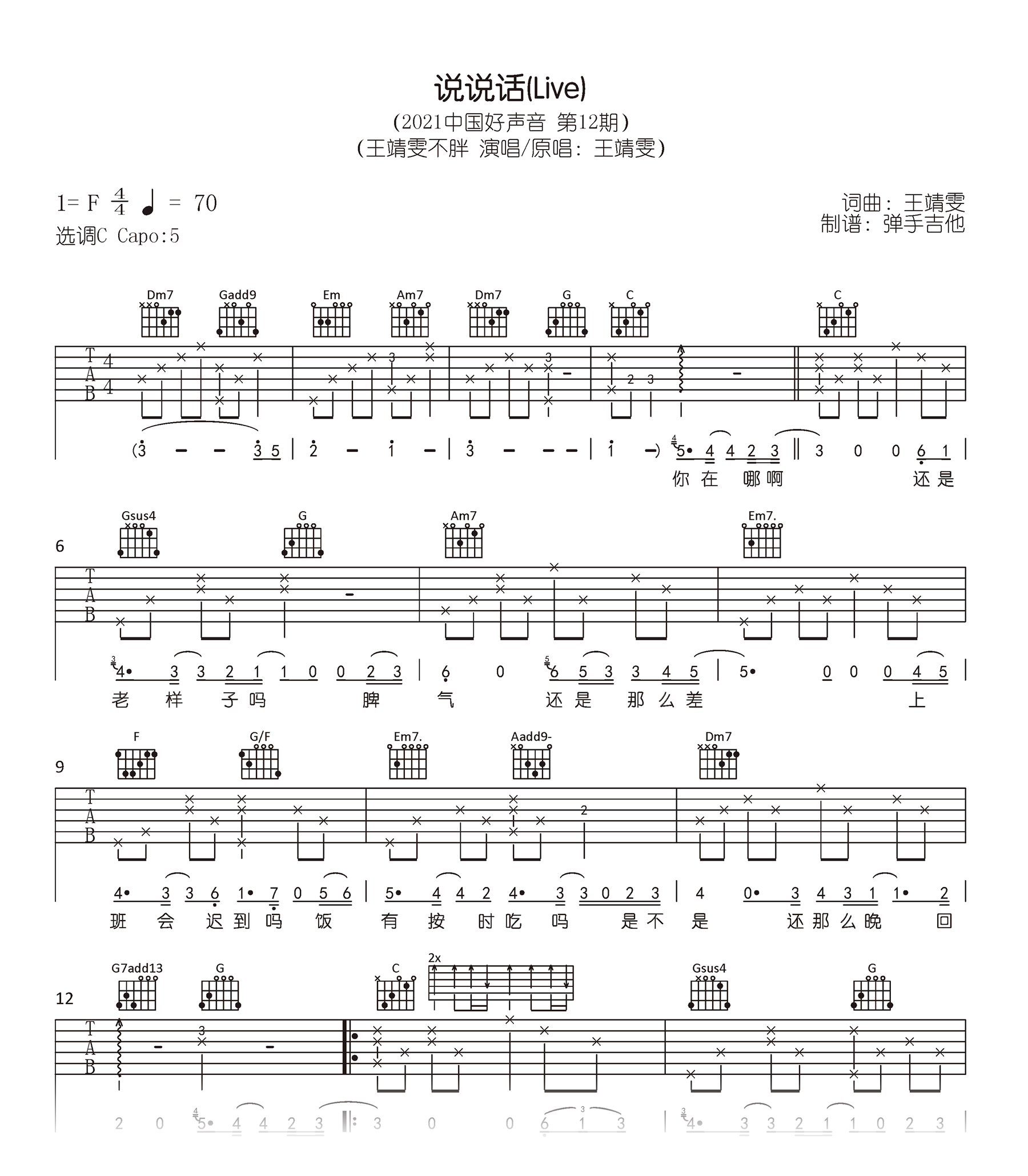 王靖雯不胖-说说话吉他谱live现场版