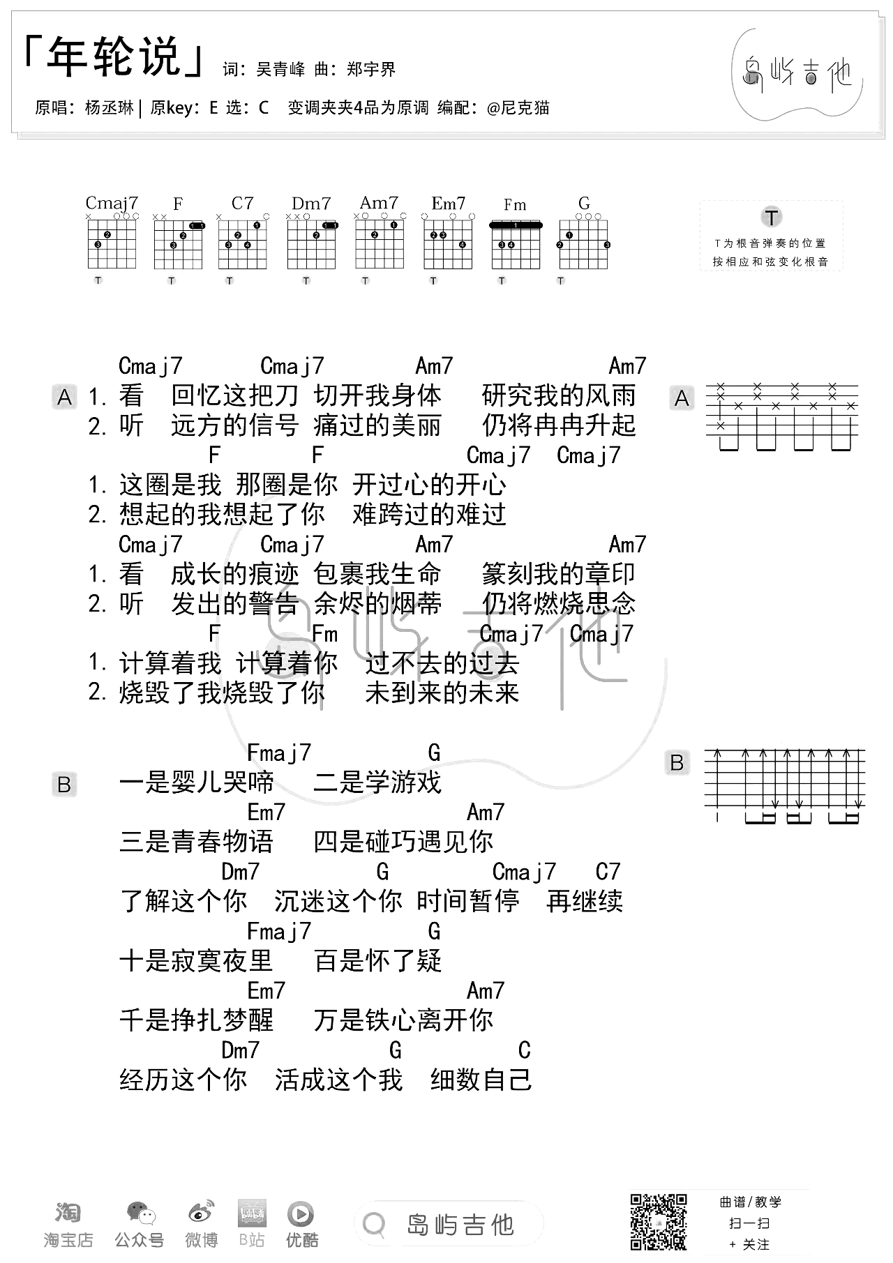 年轮说吉他谱_杨丞琳_c调弹唱谱_吉他教学视频