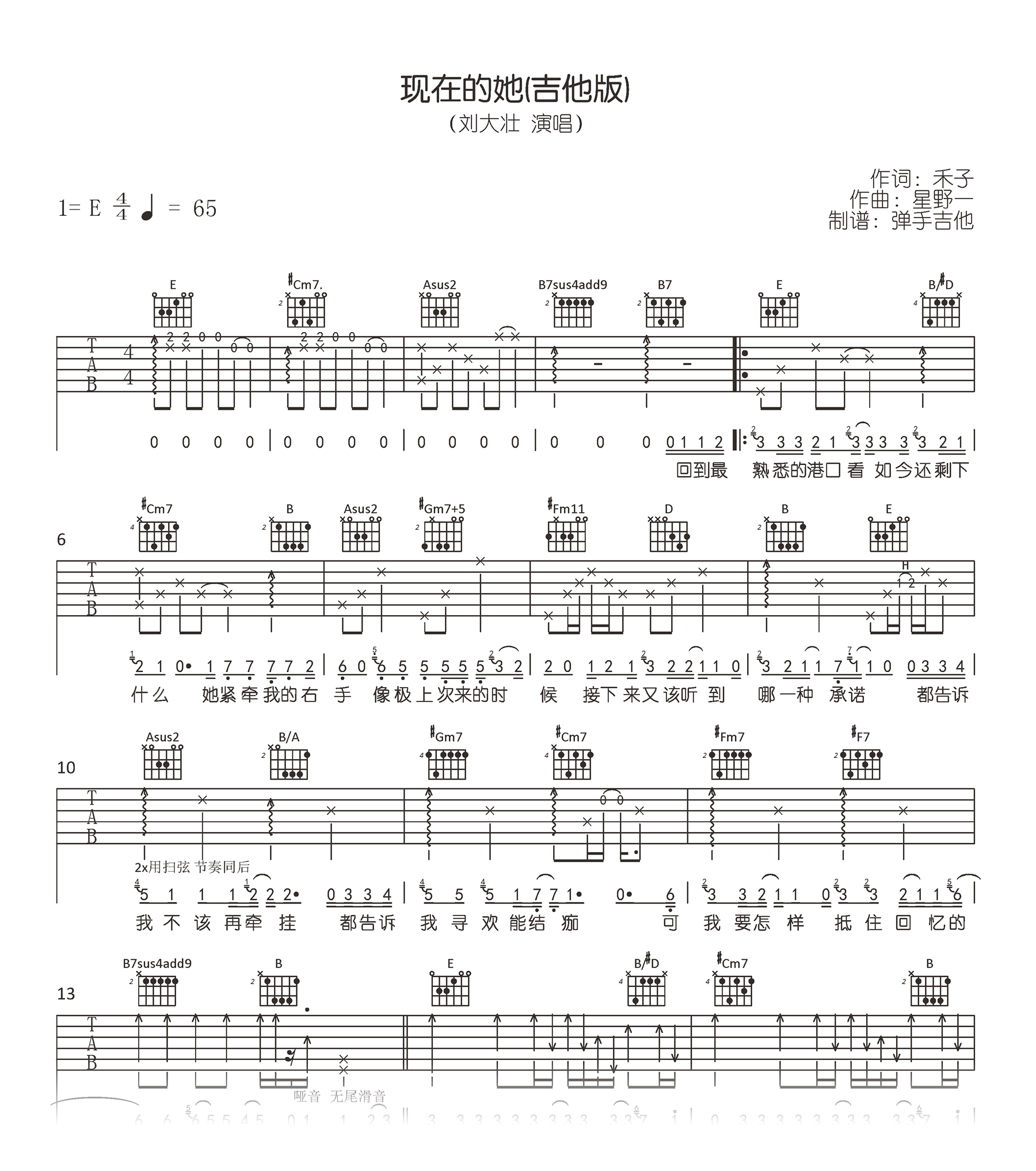 刘大壮《现在的她》吉他谱 原版六线谱