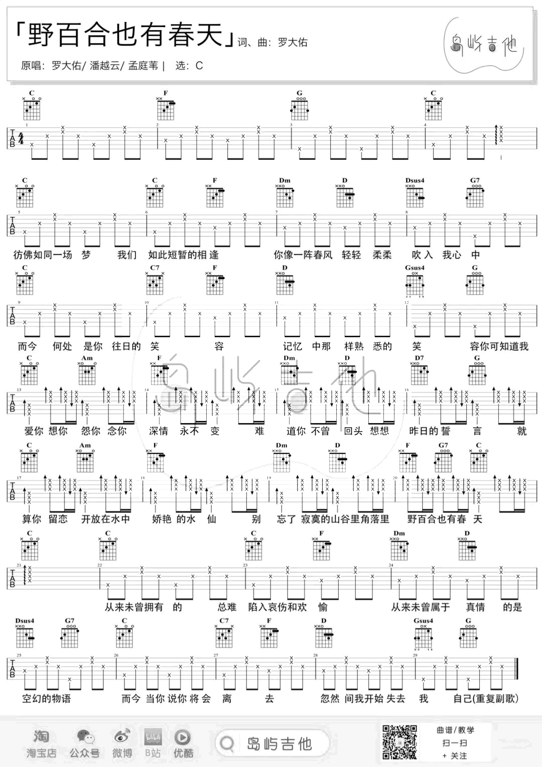 野百合也有春天吉他谱-C调-六线谱