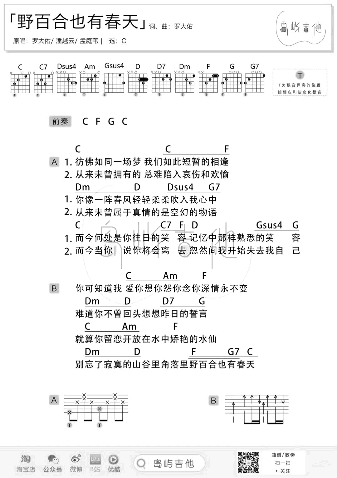 野百合也有春天吉他谱-C调-弹唱和弦谱