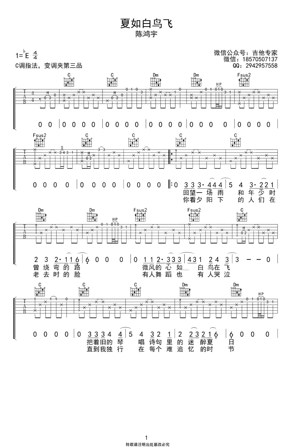 夏如白鸟飞吉他谱-陈鸿宇-C调-1