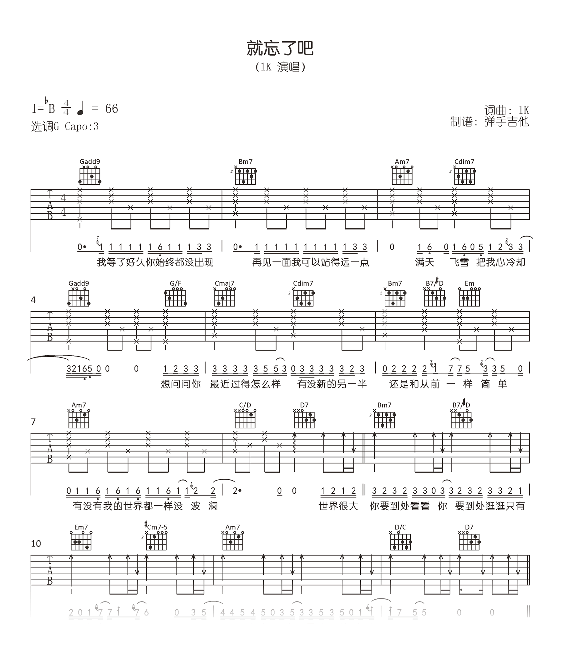 1K《就忘了吧》吉他谱 原版六线谱