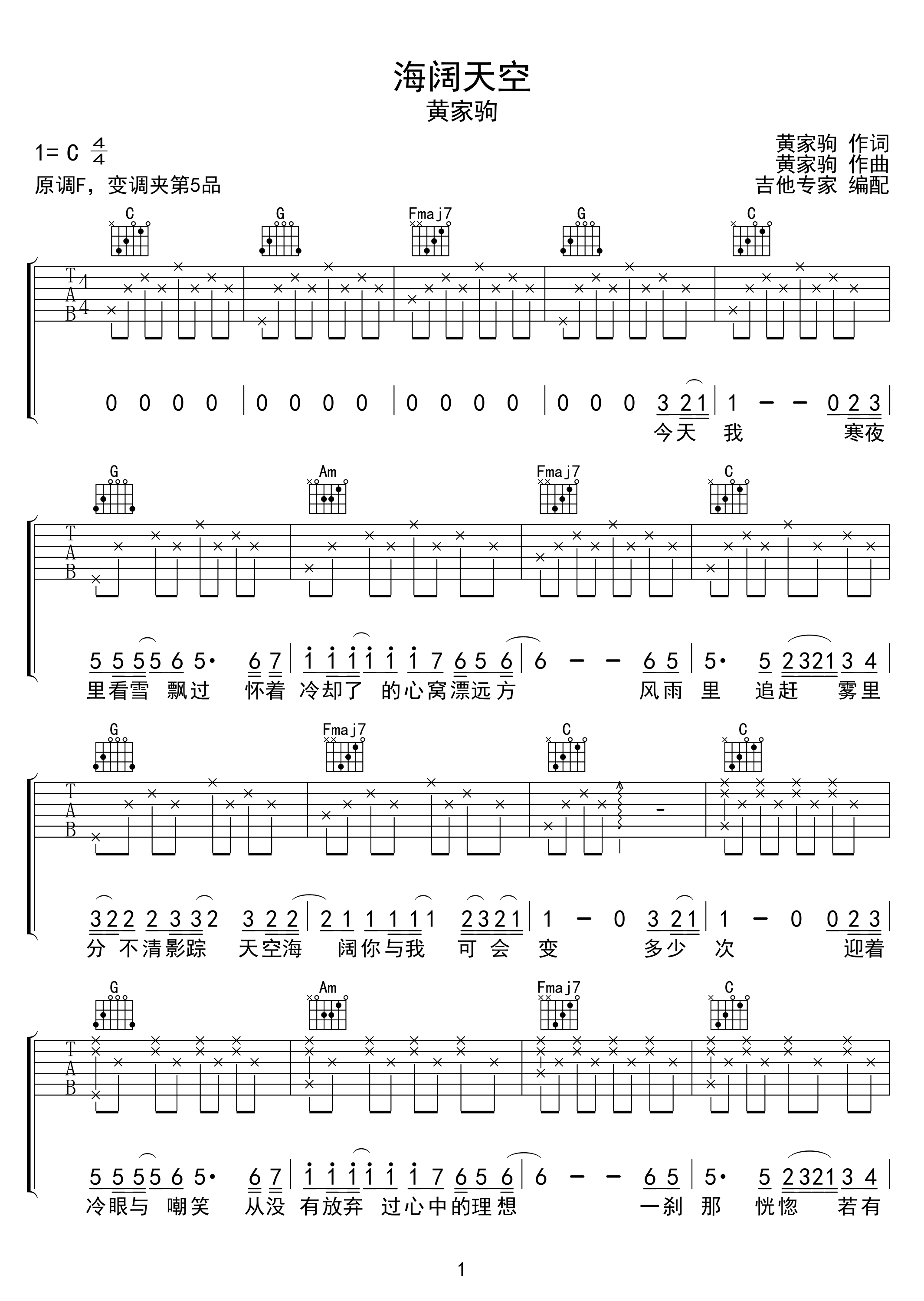 海阔天空吉他间奏教学图片