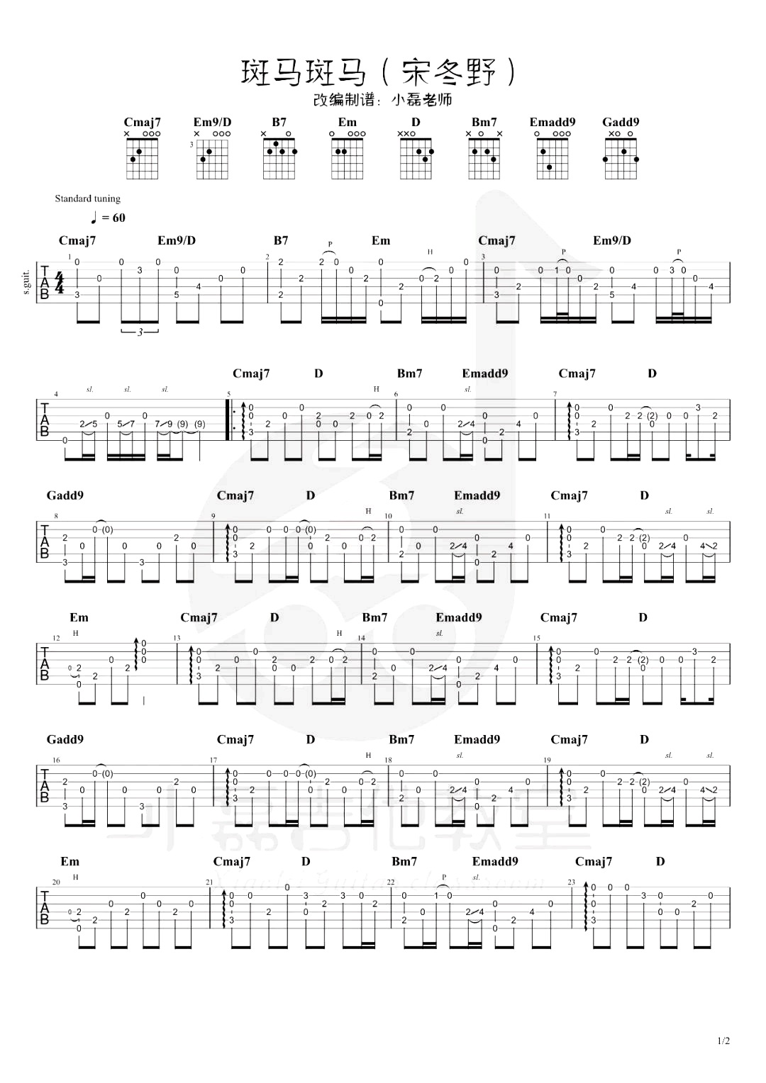 斑马斑马吉他谱-原版弹唱谱-宋冬野-吉他教学视频-琴艺谱