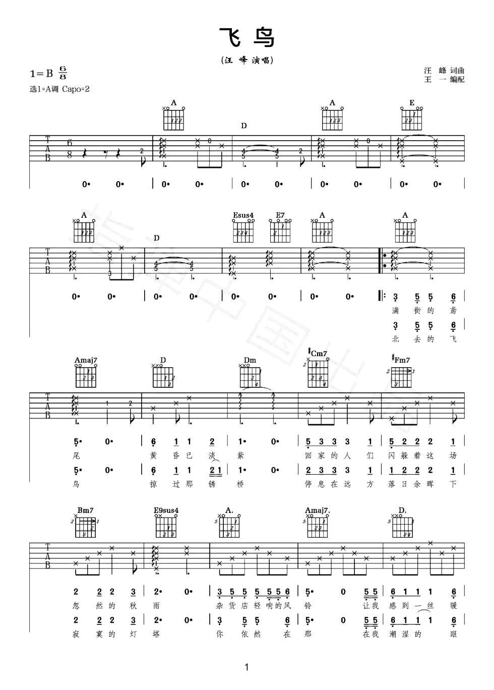 飞鸟吉他谱-汪峰-弹唱演示视频-1