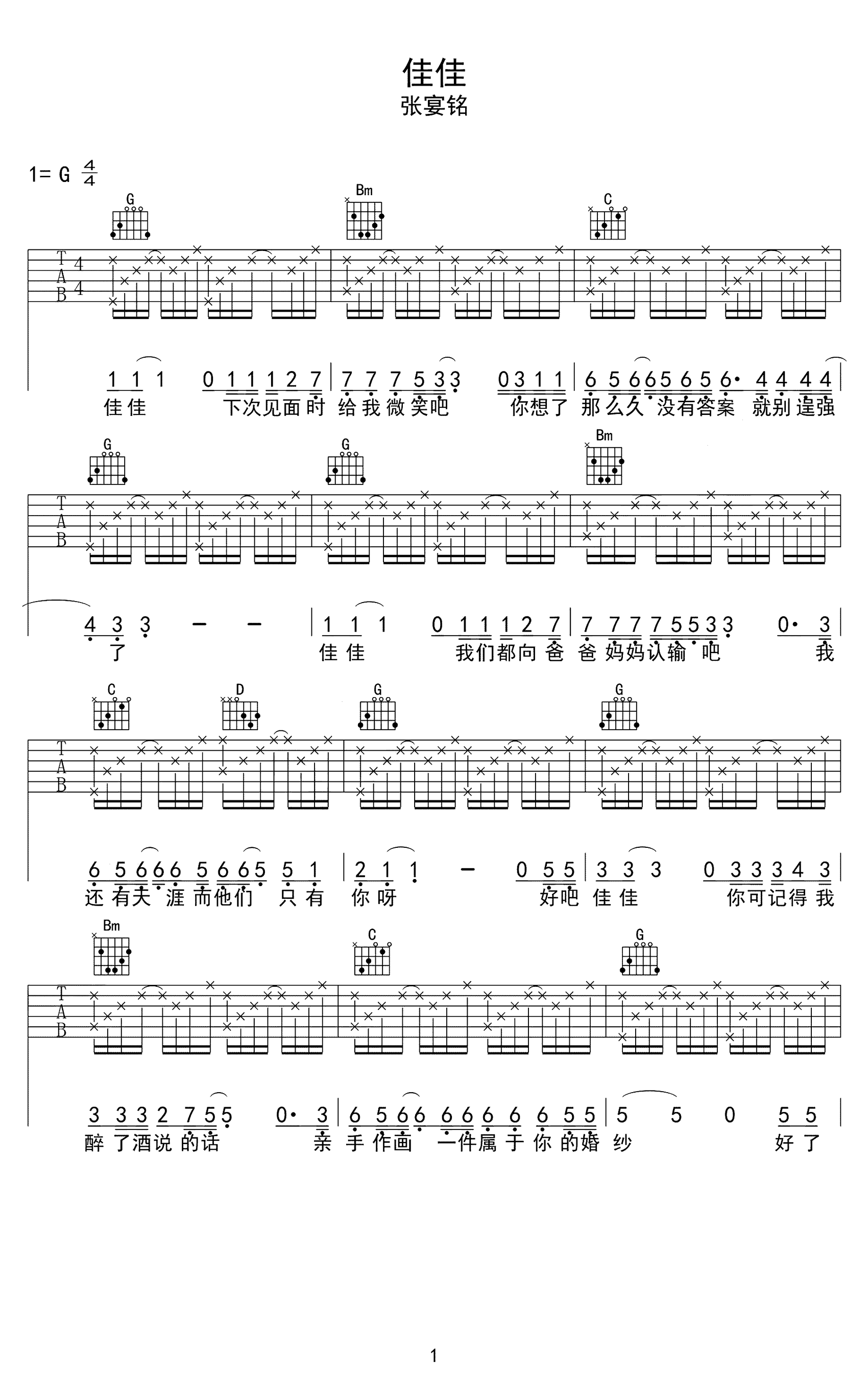 佳佳吉他谱-张晏铭-民谣歌曲-吉他帮-1