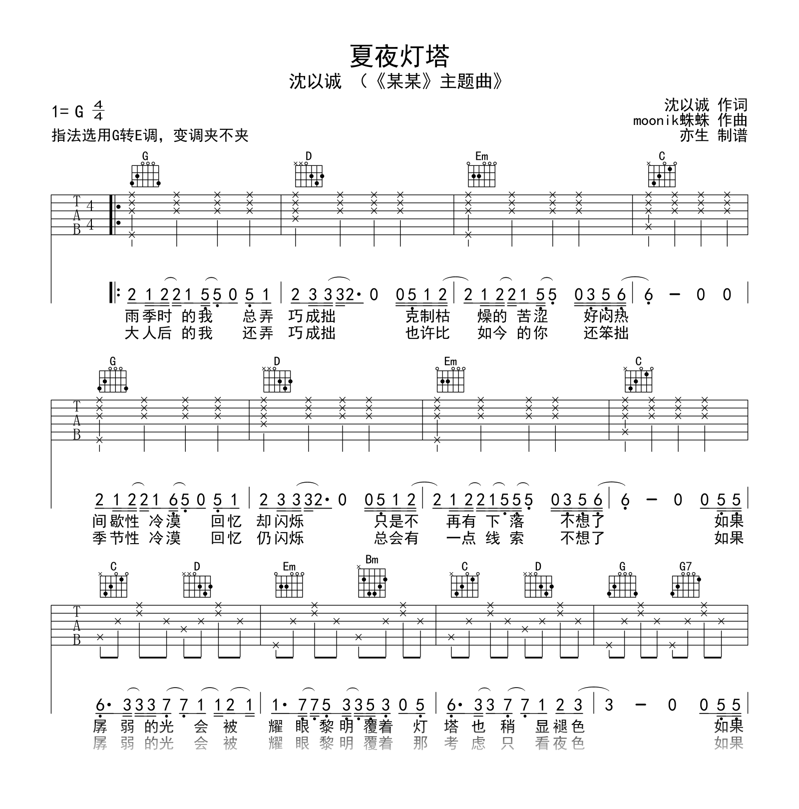 沈以诚《夏夜灯塔》吉他谱 初级版 吉他帮