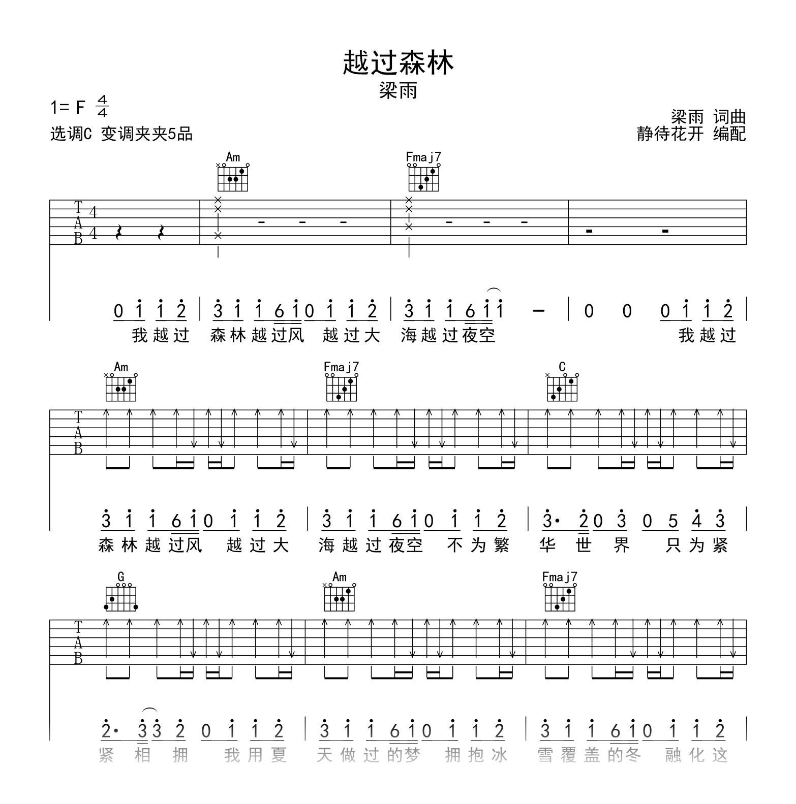 越过森林吉他谱-梁雨-吉他帮