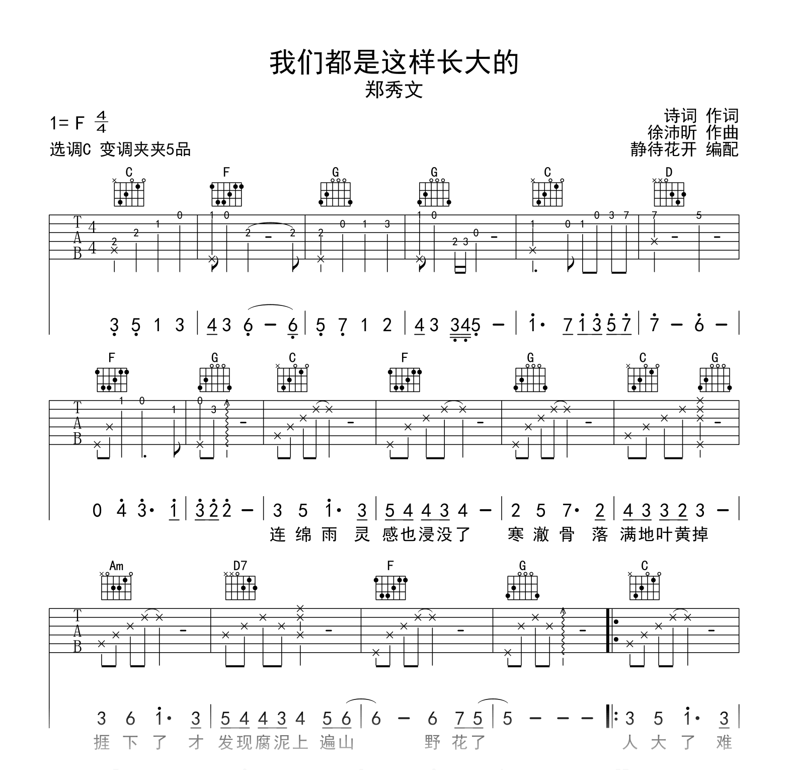 我们都是这样长大的吉他谱_郑秀文_C调弹唱六线谱