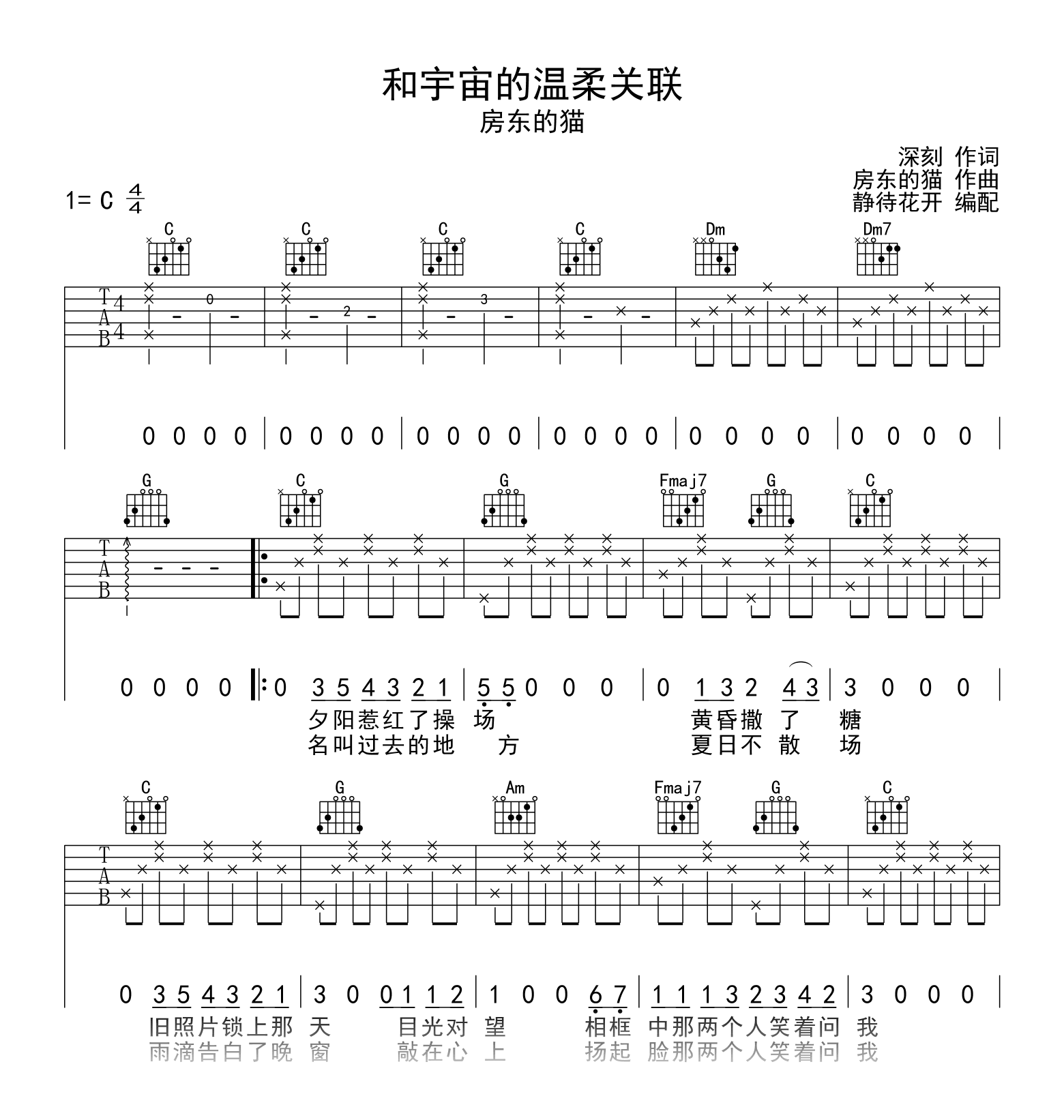 和宇宙的温柔关联吉他谱-房东的猫-吉他帮