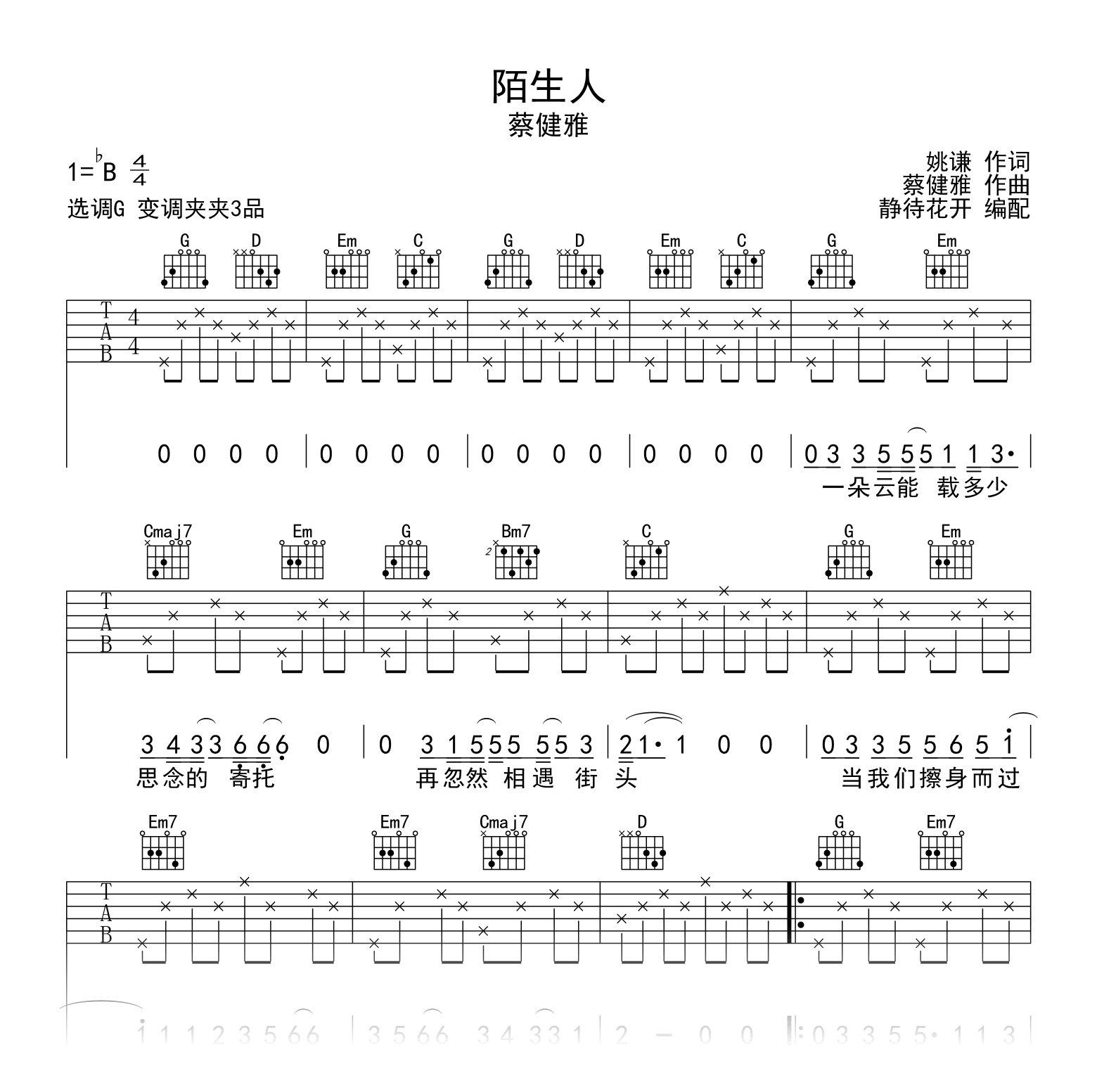 陌生人吉他谱-蔡健雅-吉他帮