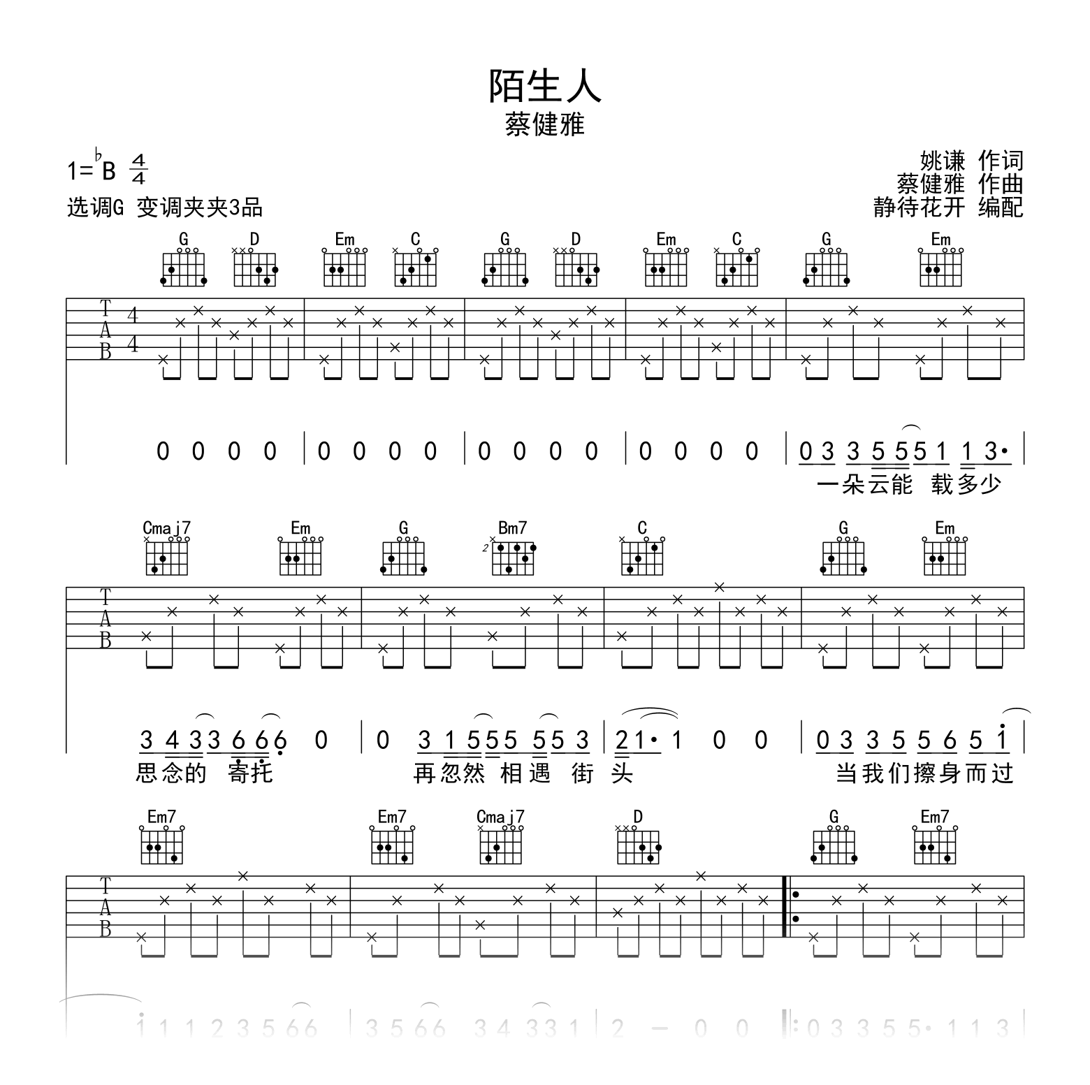 陌生人吉他谱G调-蔡健雅-陌生人高清原版六线谱-曲谱热