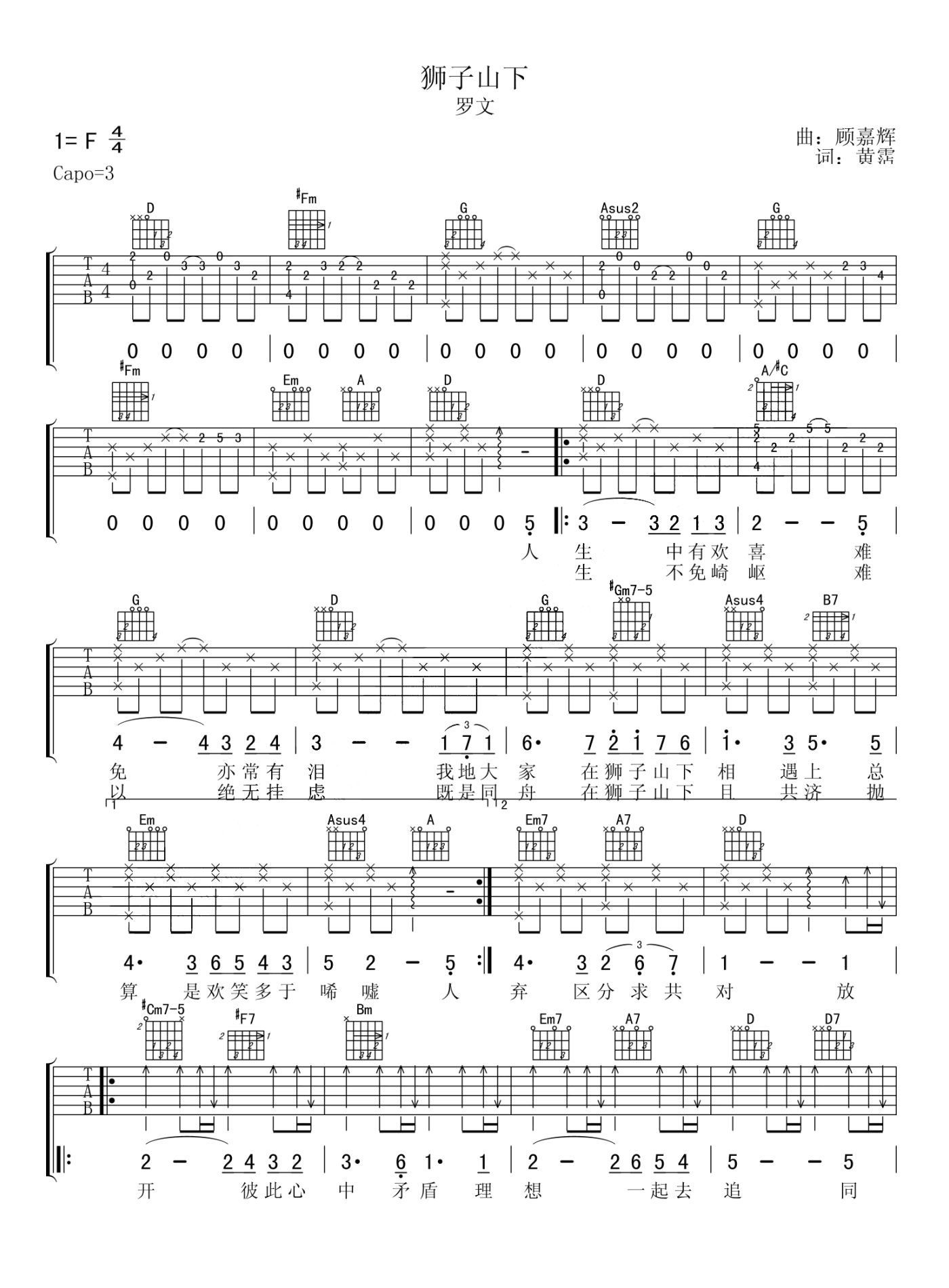 狮子山下吉他谱-罗文-粤语歌曲-吉他帮-1