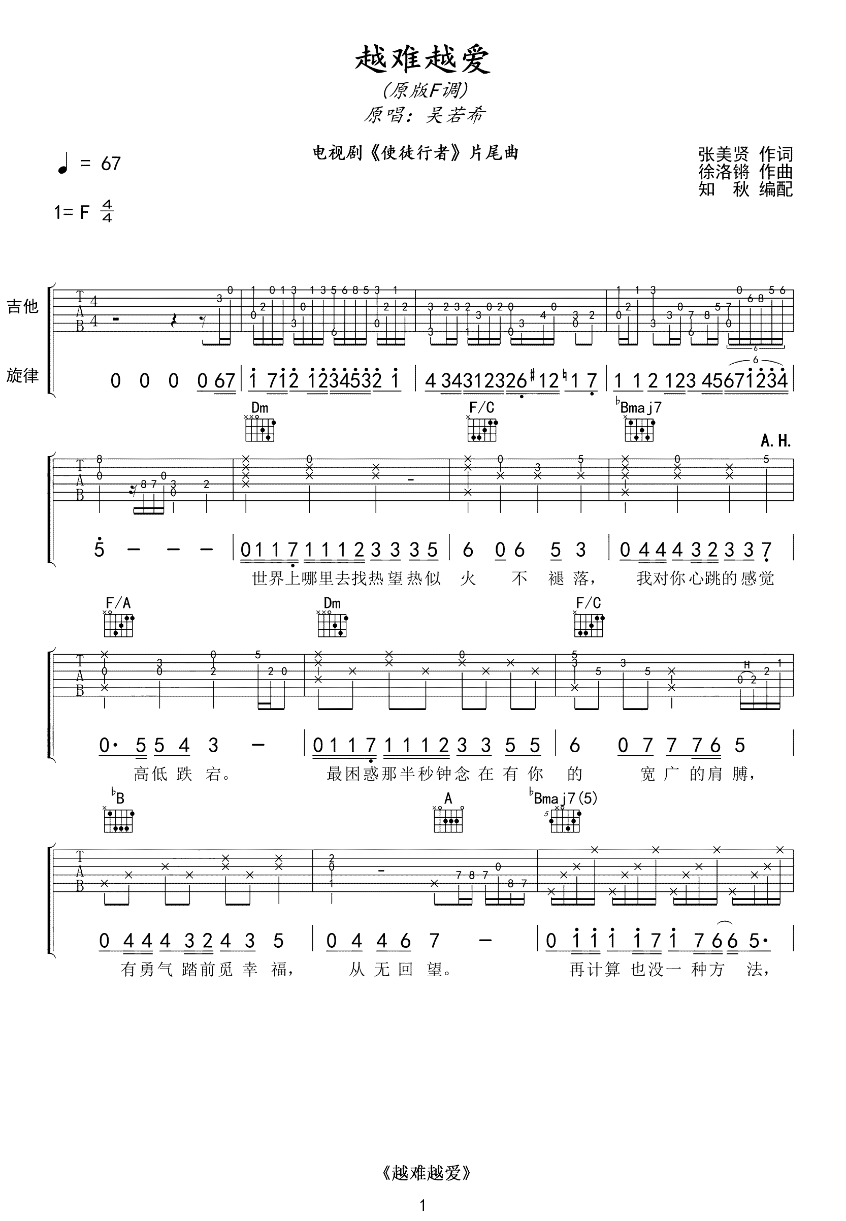 越难越爱吉他谱-吴若希《使徒行者》片尾曲-吉他帮-1