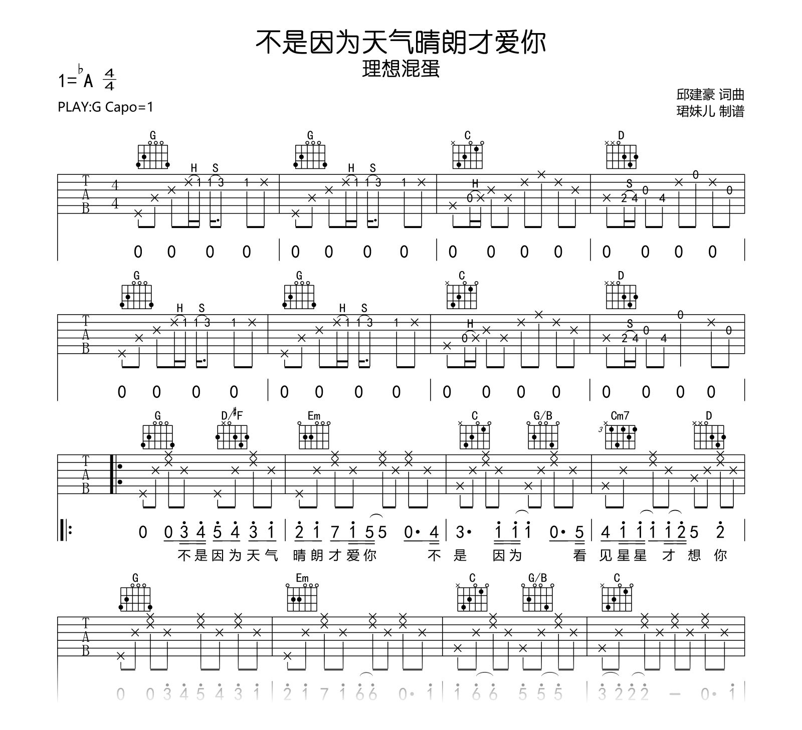 不是因为天气晴朗才爱你吉他谱-理想混蛋,-吉他帮
