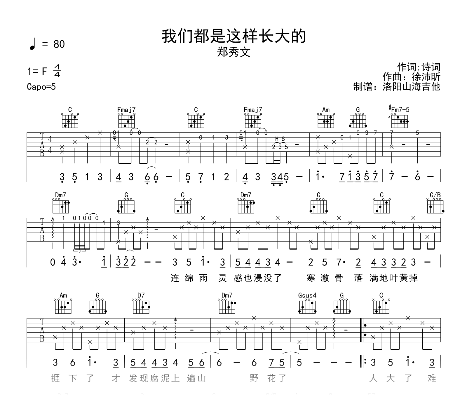 郑秀文《我们都是这样长大的》吉他谱_C调弹唱谱_附试听音频