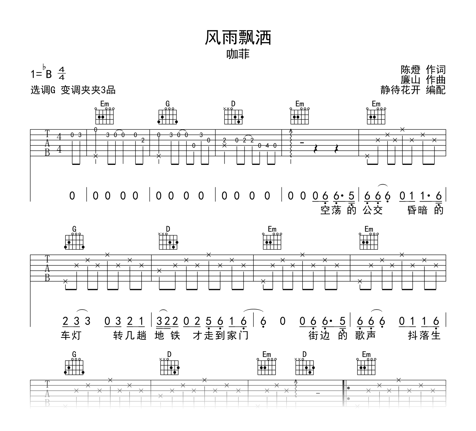 咖菲《风雨飘洒》吉他谱-吉他帮