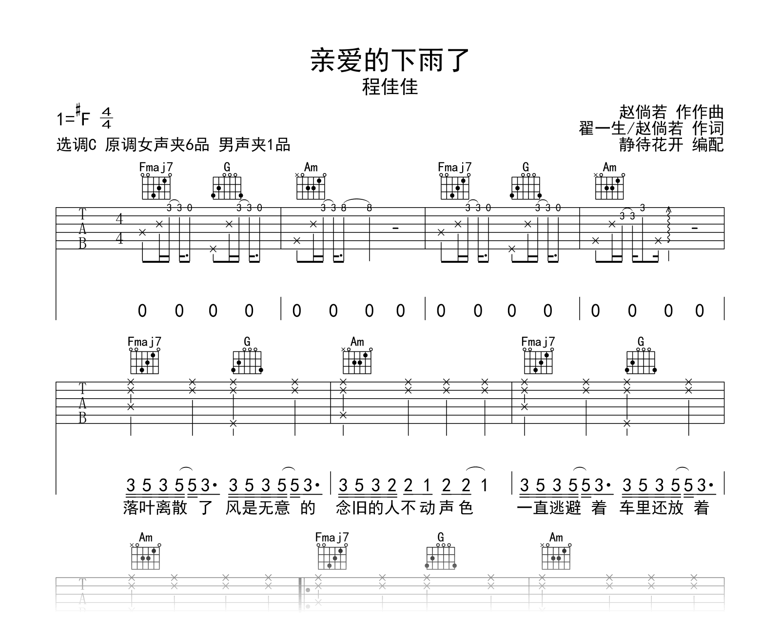 程佳佳《亲爱的下雨了》吉他谱-C调-吉他帮