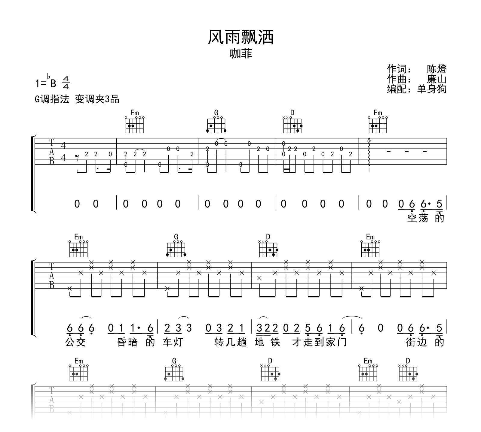 咖菲-风雨飘洒吉他谱-吉他帮