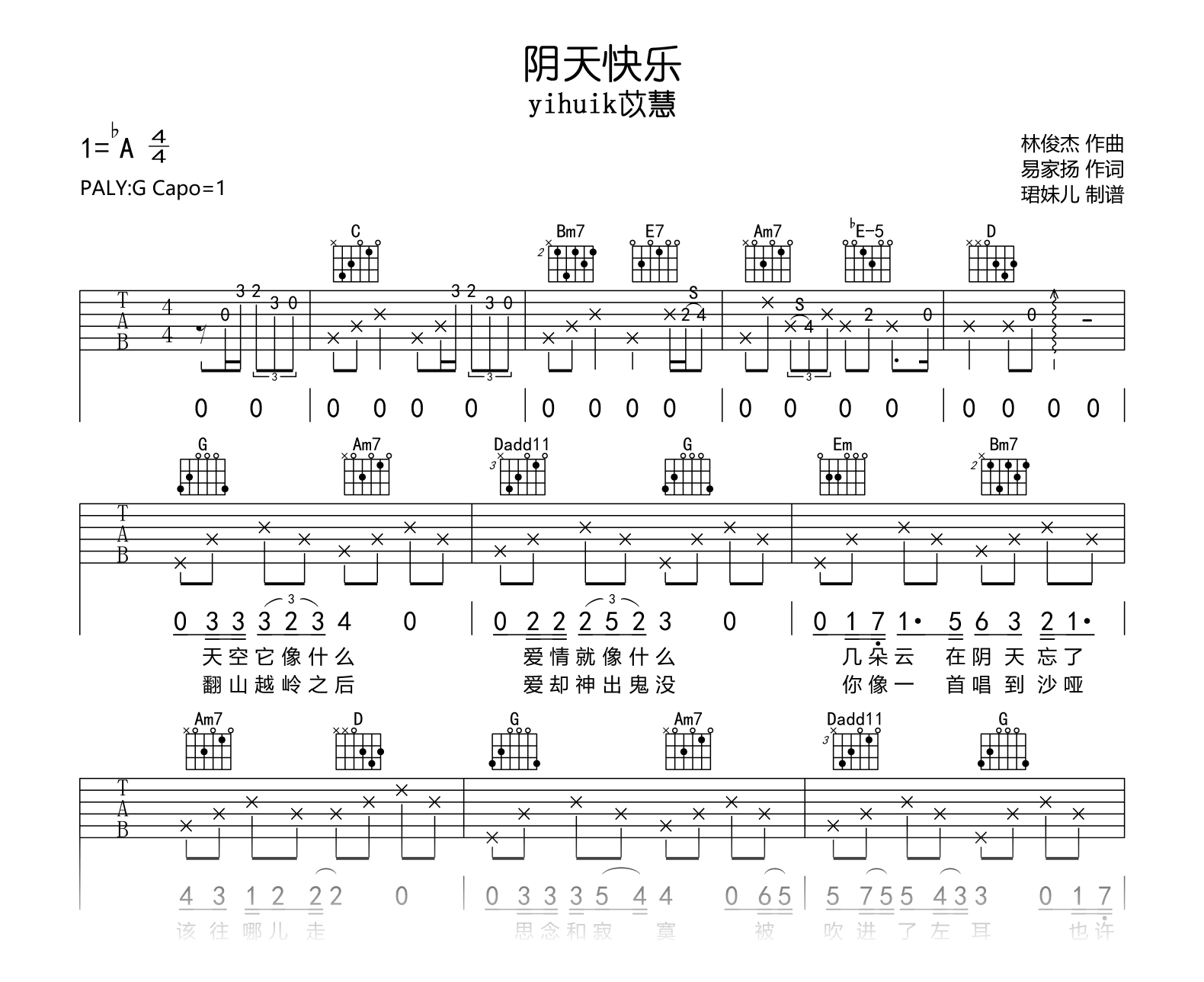 阴天快乐吉他谱-yihuik苡慧-吉他帮