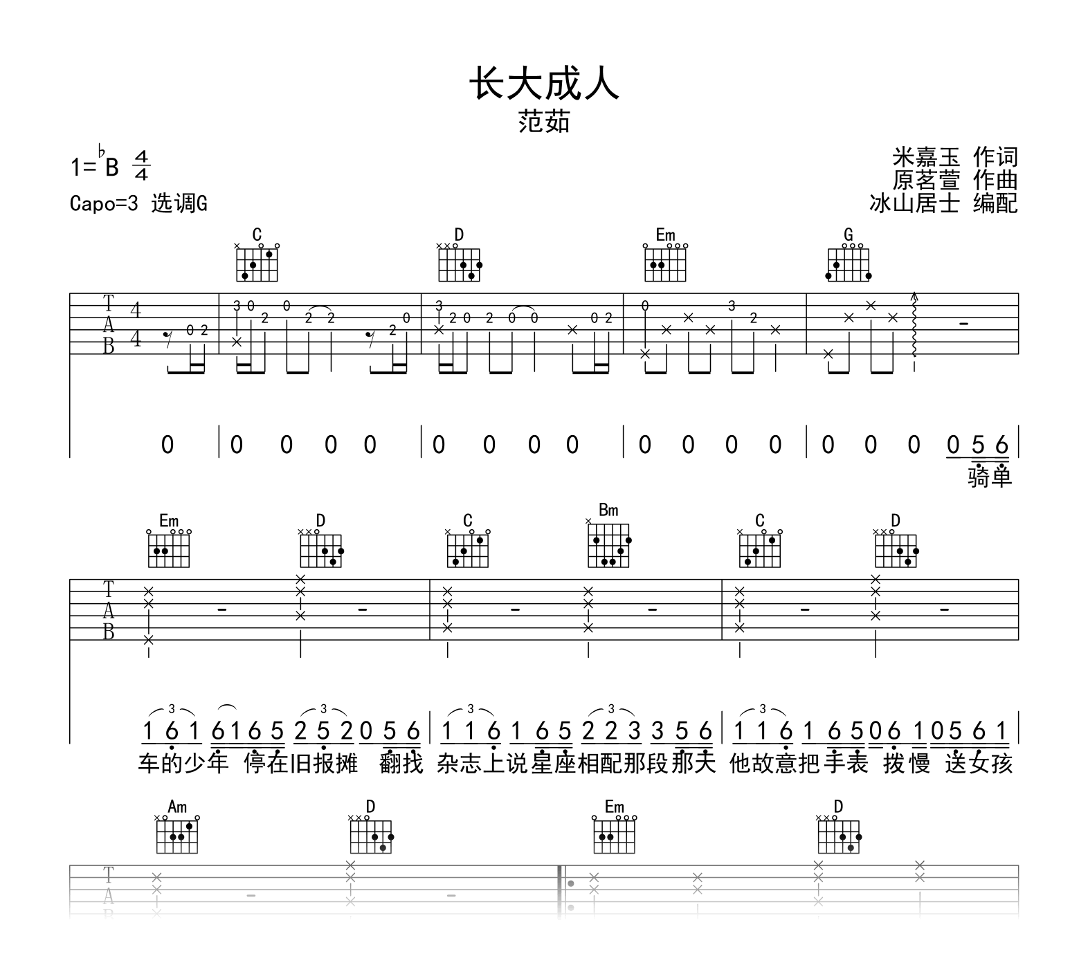 长大成人吉他谱_范茹_G调弹唱谱_高清六线谱