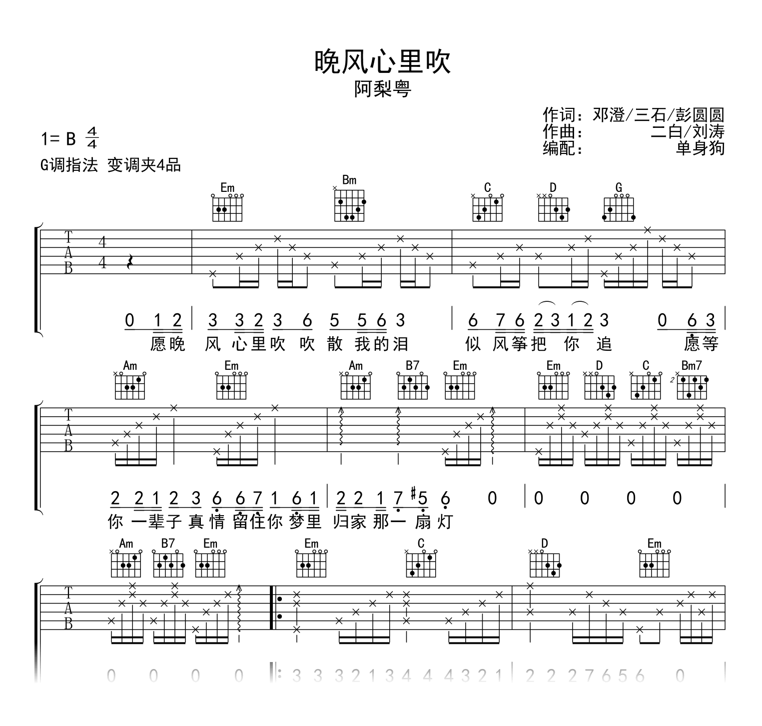 阿梨粤《晚风心里吹》吉他谱-吉他帮