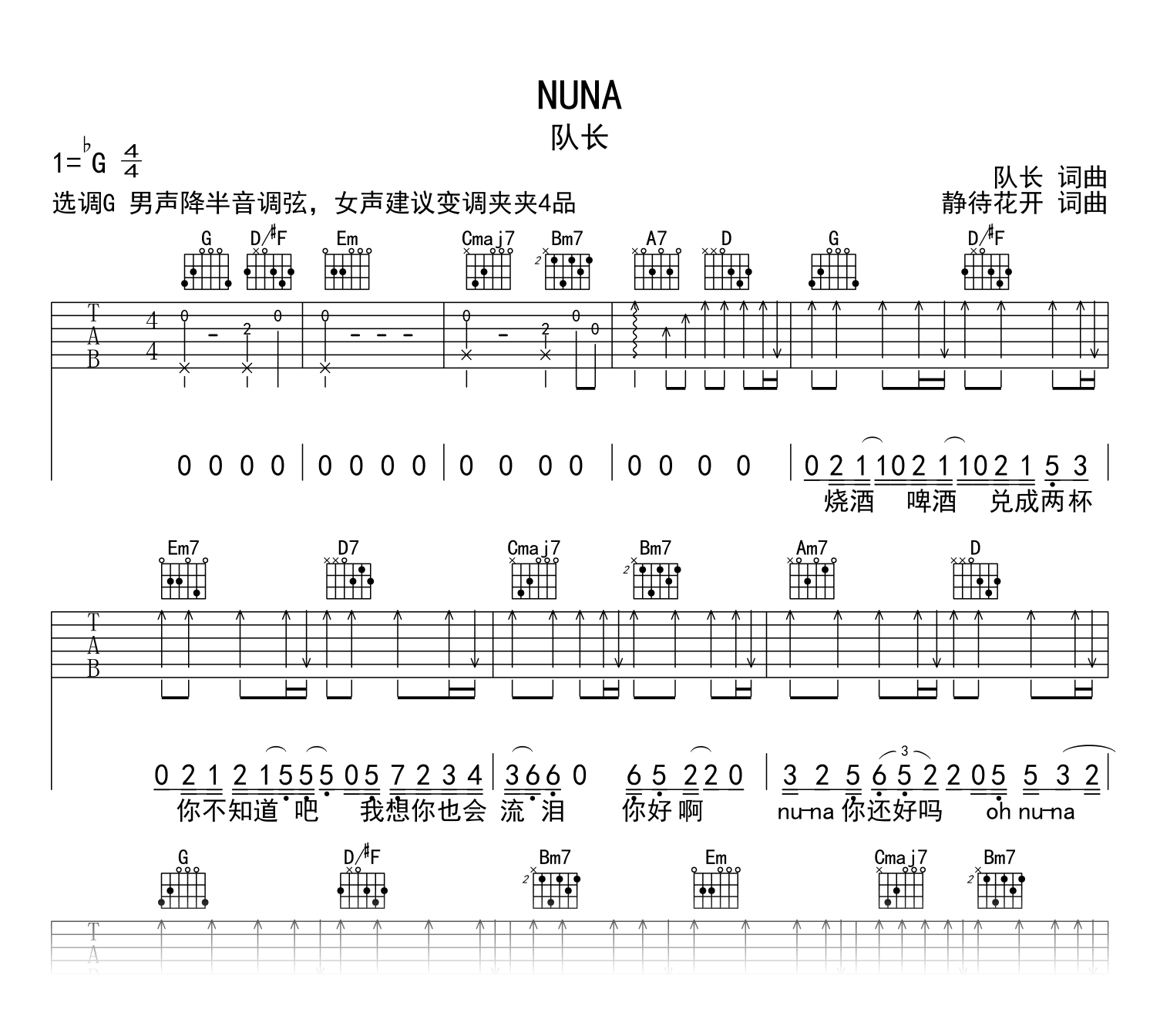 队长《NUNA》吉他谱G调-吉他帮