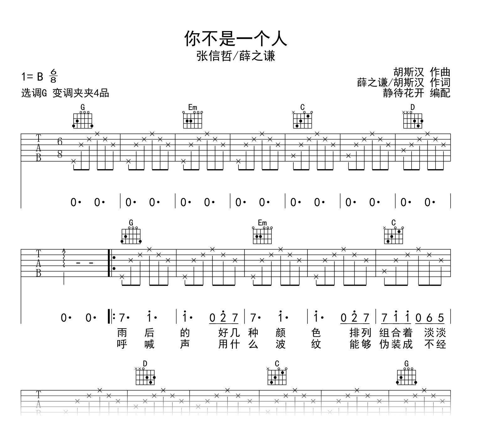 你不是一个人吉他谱-张信哲/薛之谦-吉他帮