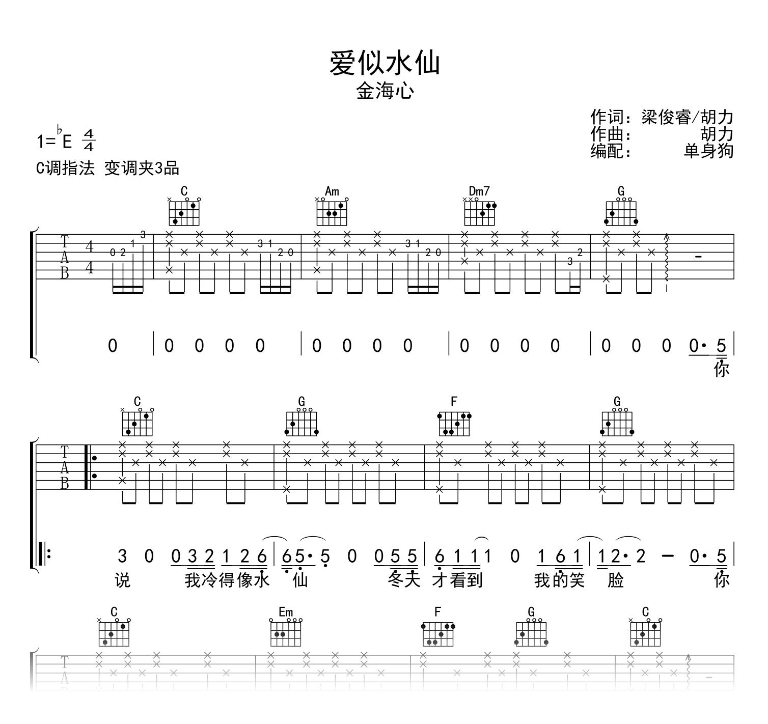 爱似水仙吉他谱_金海心_C调弹唱六线谱