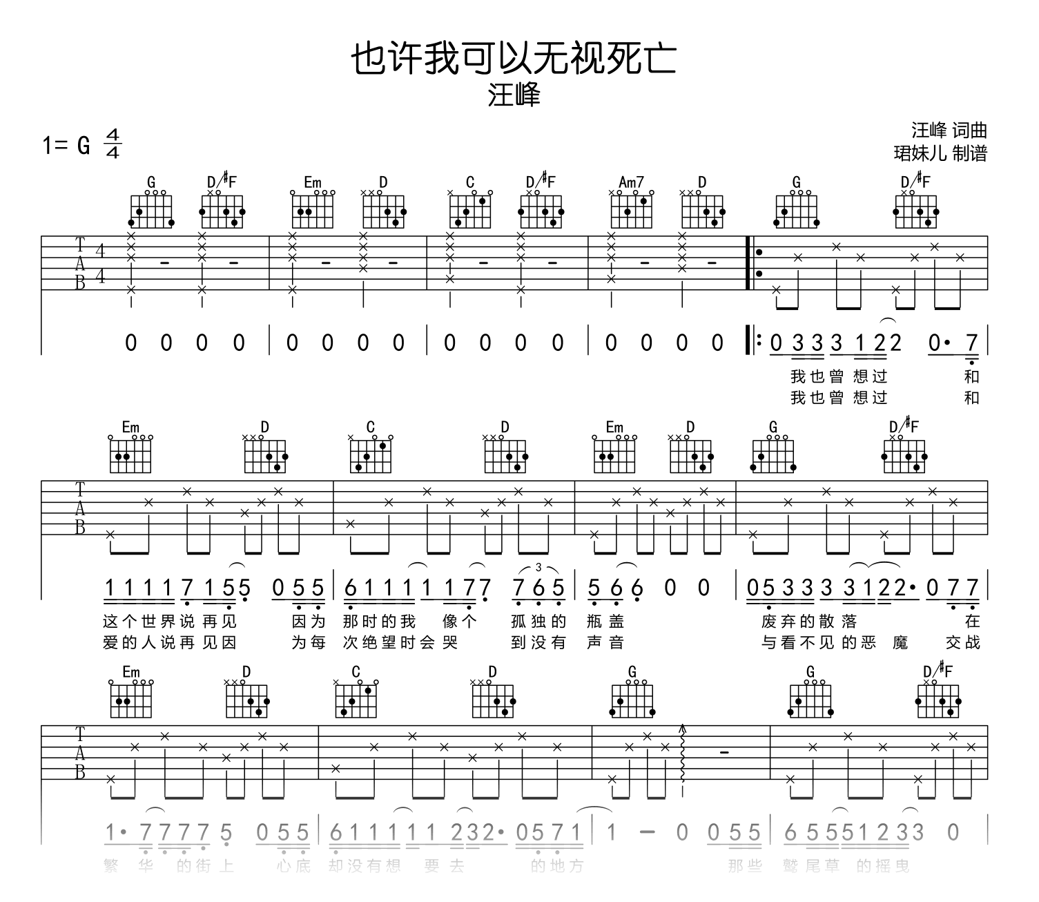 也许我可以无视死亡吉他谱-汪峰-吉他帮