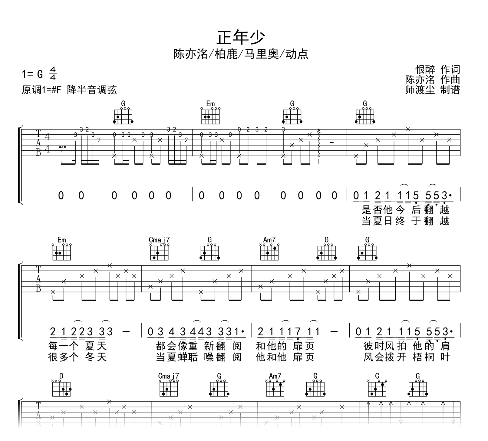 私奔吉他谱 G调简单版-悠音吉他课堂编配-郑钧-看乐谱网