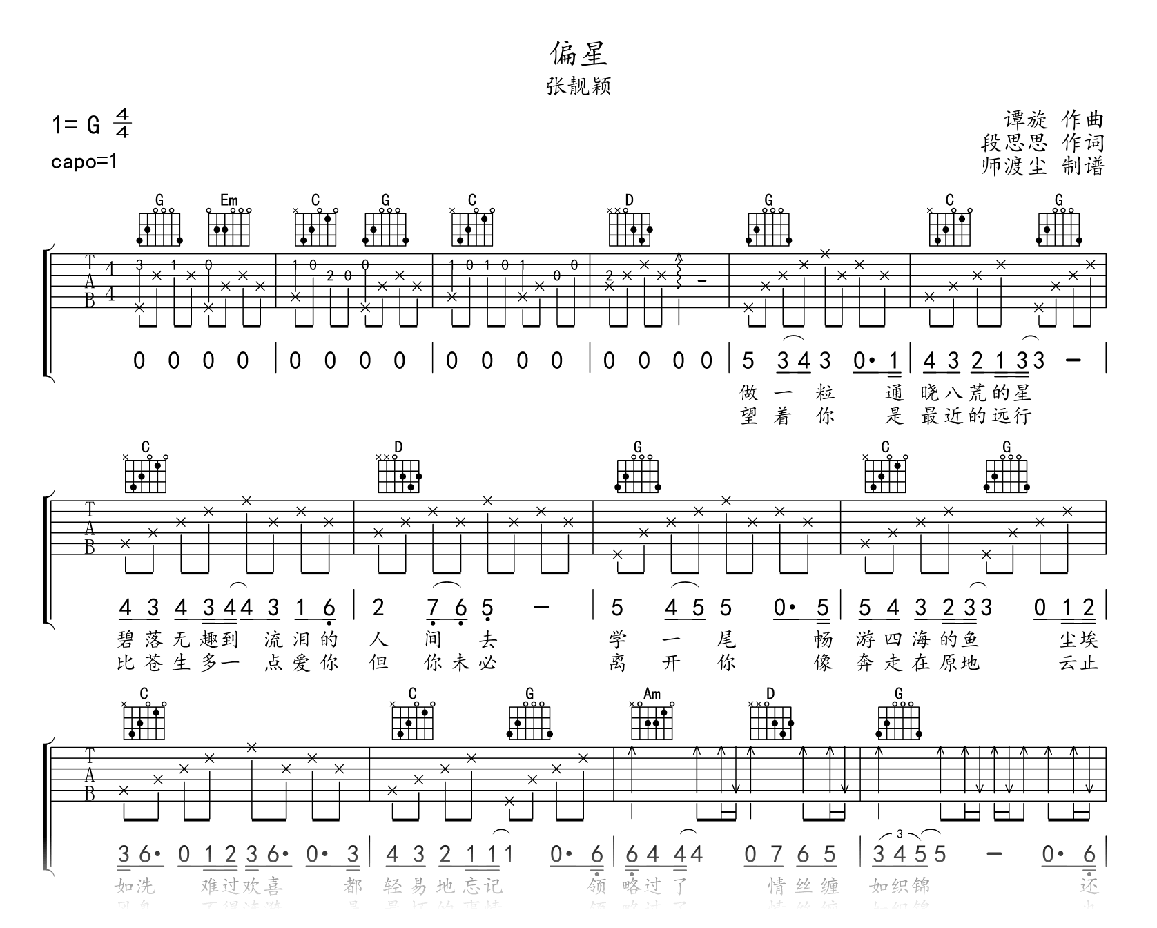 偏星吉他谱-张靓颖-沉香如屑片尾曲-吉他帮
