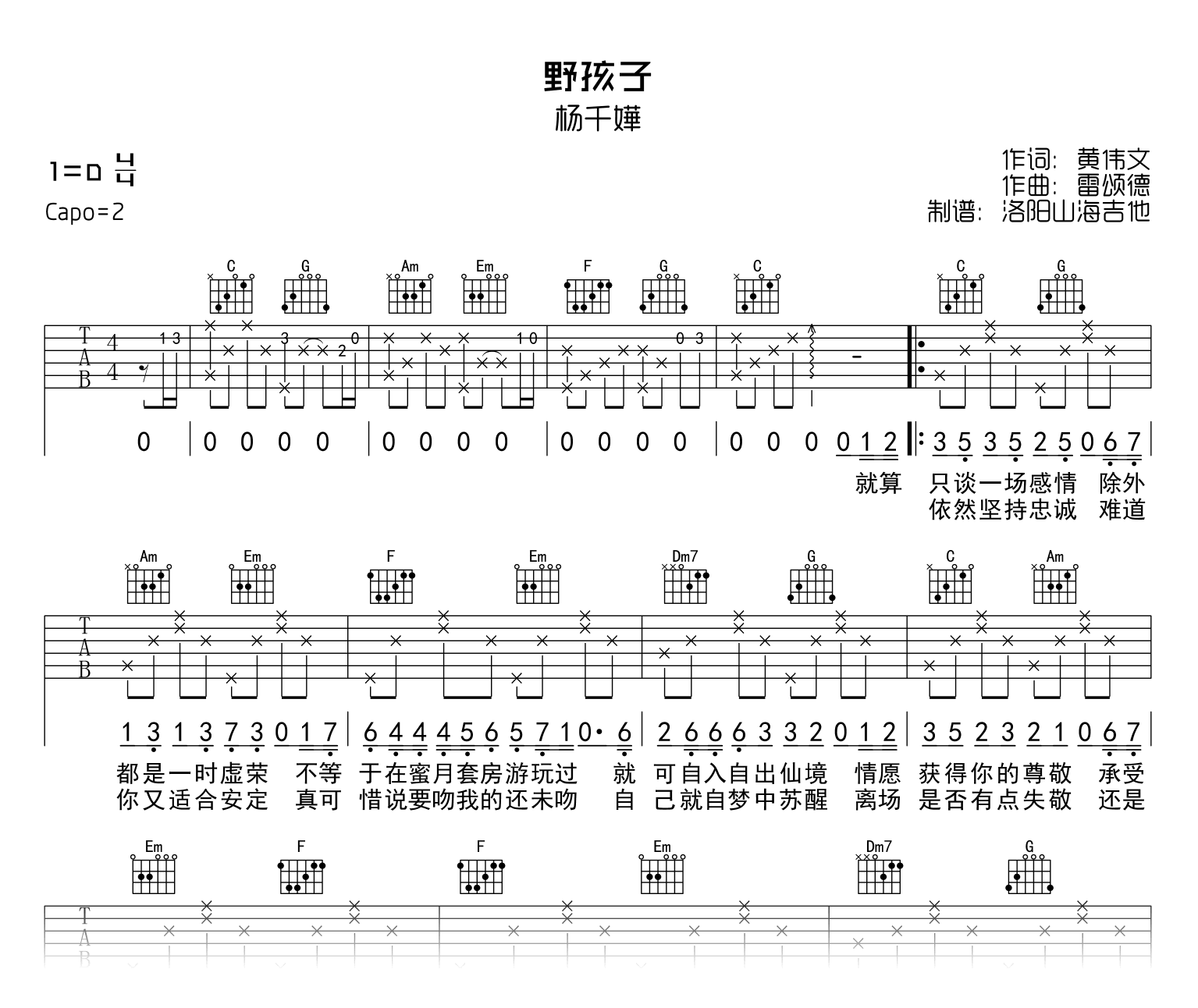 杨千嬅《野孩子》吉他谱-吉他帮