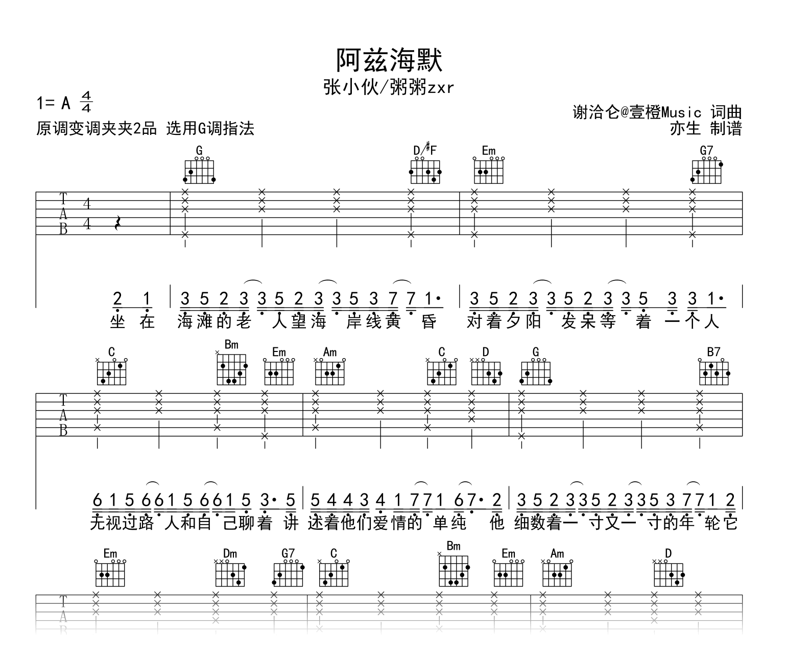 阿兹海默吉他谱-张小伙/粥粥zxr-吉他帮