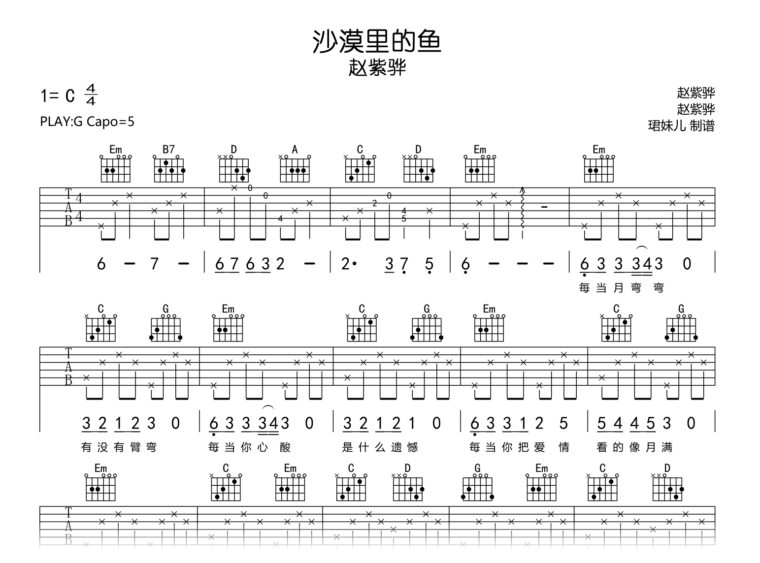 沙漠里的鱼吉他谱-赵紫骅-G调-吉他帮