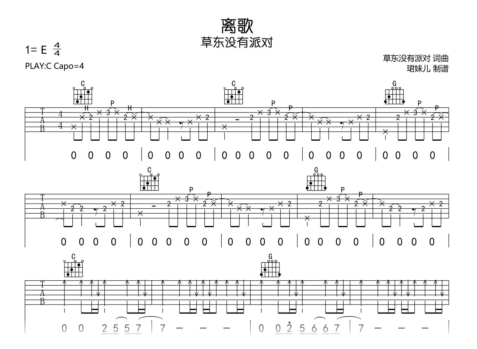 离歌吉他谱-草东没有派对-C调-吉他帮