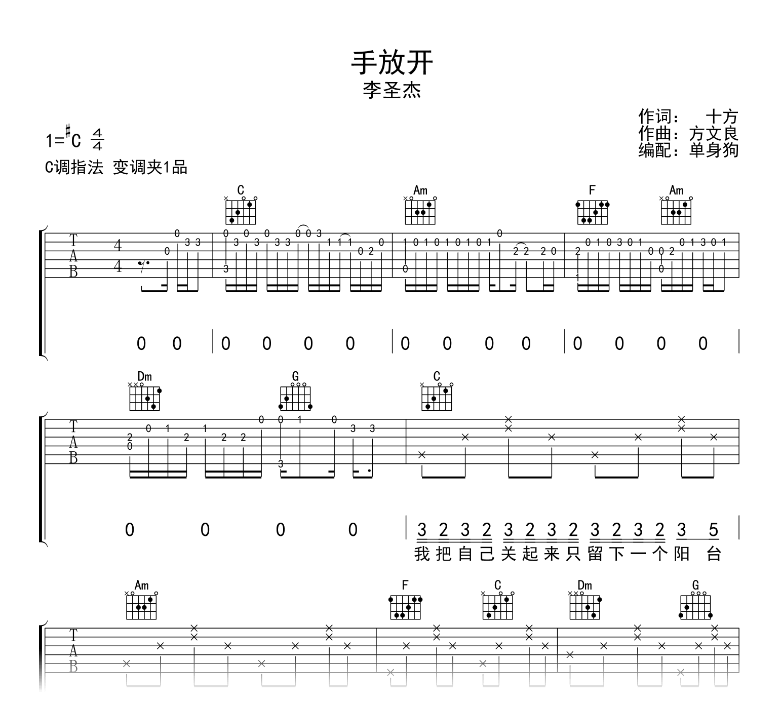 手放开吉他谱-李圣杰-吉他帮-C调